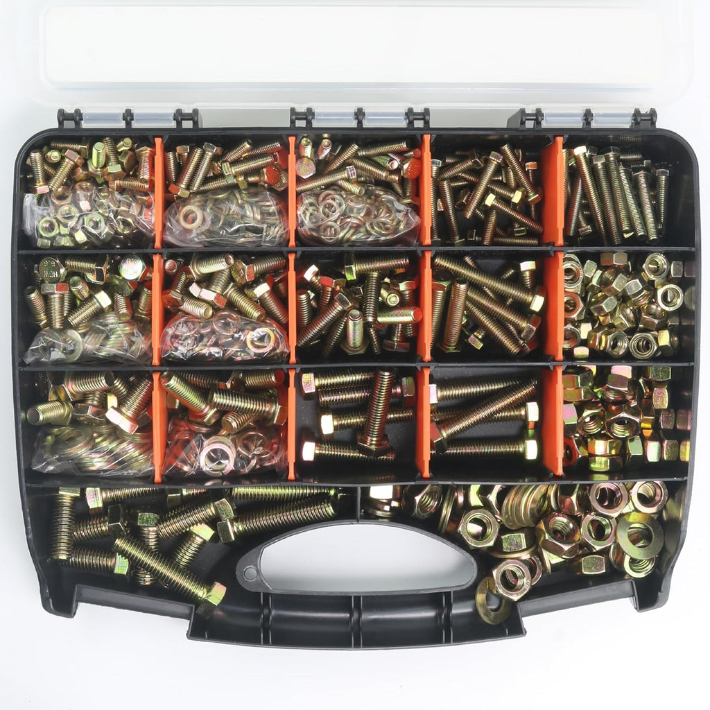 Quibbay 976pcs Nuts and Bolts Assortment Kit, Grade 8.8 Metric Bolt Assortment with Assorted Nuts and Washers, Heavy Duty M6 M8 M10 M12 Hex Bolts and Nuts Kit, Yellow Zinc Plated, Length from 16-50mm