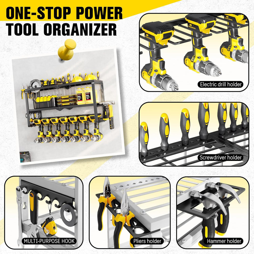 Wall-Mount Tool Storage Rack with 7 Drill Holders, Heavy-Duty Organizer for Dad & Men Gifts