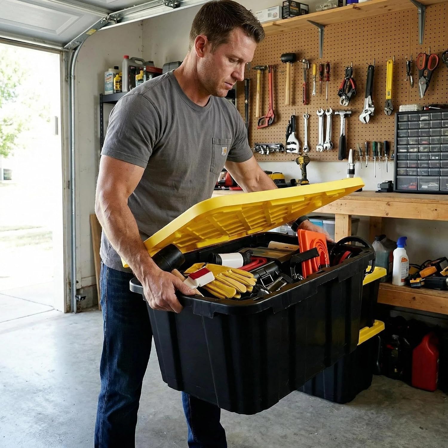 40 Gallon Tote 2 Pack, Heavy Duty Stackable Plastic Storage Bins with Lids, Black & Yellow Industrial Tough Containers for Garage, Moving, Truck Transport, Job Site Organization