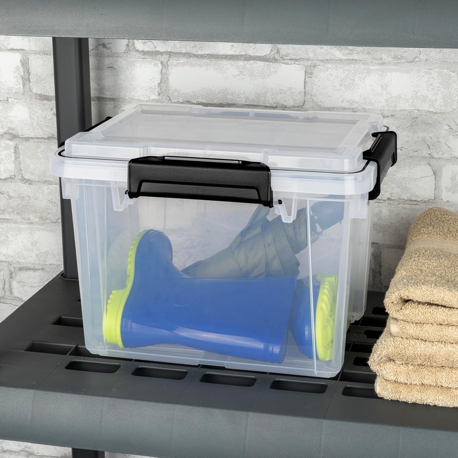 19 Quart Waterproof Clear Plastic Storage Bin with Lid – IP68 Gasket Seal Airtight Container for Basement Garage Attic, Durable Stackable Keep Box with Latches, Black