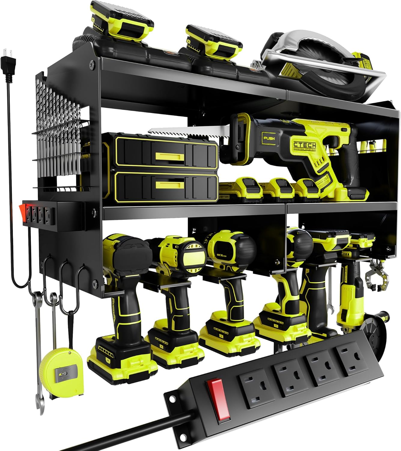 Spampur Fathers Day Gift,Power Tool Organizer Wall Mount with Charging Station, 3 Layer Heavy Duty Metal Tool Storage Rack Loads 420lbs with 6 Cordless Drill Holder, Garage Workshop
