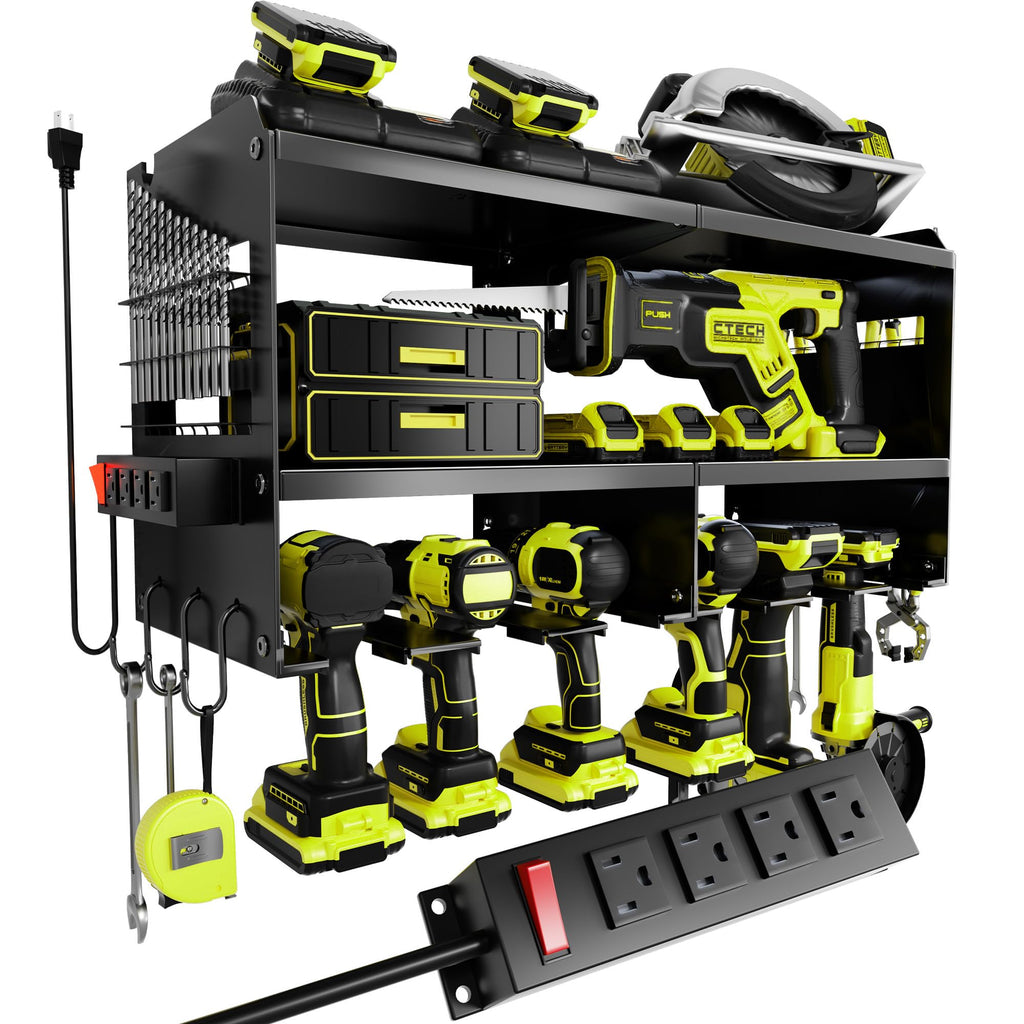 Spampur Fathers Day Gift,Power Tool Organizer Wall Mount with Charging Station, 3 Layer Heavy Duty Metal Tool Storage Rack Loads 420lbs with 6 Cordless Drill Holder, Garage Workshop