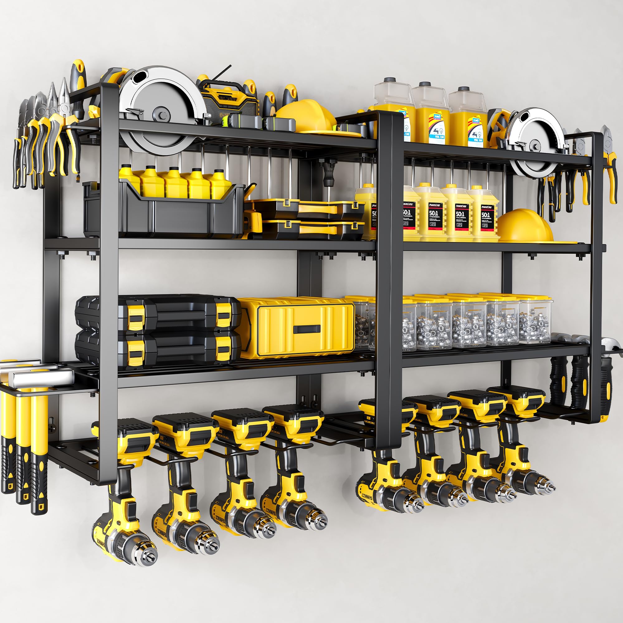 Hipidian Power Tool Organizer Wall Mount - Storage Rack with 4 Drill Holders for Drills Cordless Tools. Heavy Duty Iron Garage Tool Organizer Storage for Workshop Shed (4 Slots 3 Layers)