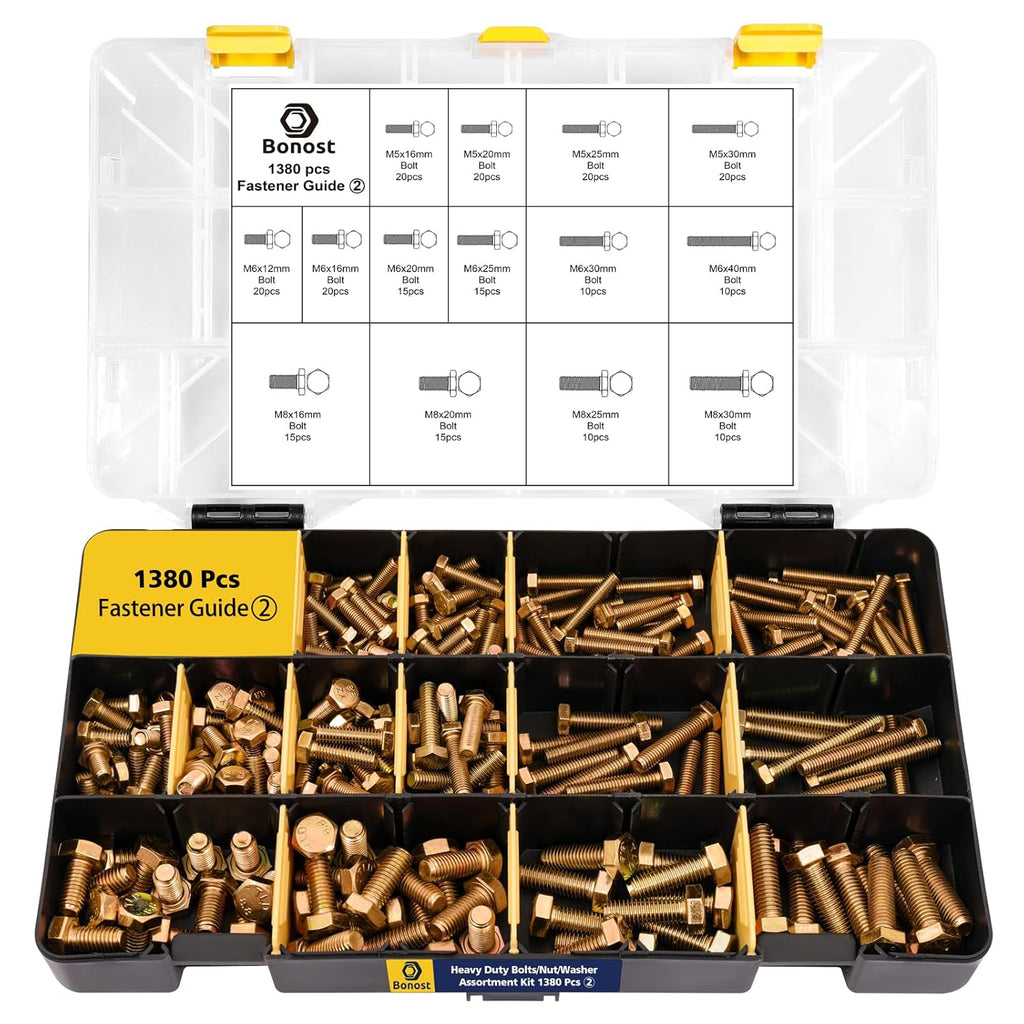 Bonost 1380pcs Nuts and Bolts Assortment Kit - Heavy Duty Grade 8.8 Metric M4 M5 M6 M8 Bolt Set with Assorted Nuts and Washers, Yellow Zinc Plated, Length from 12-30mm