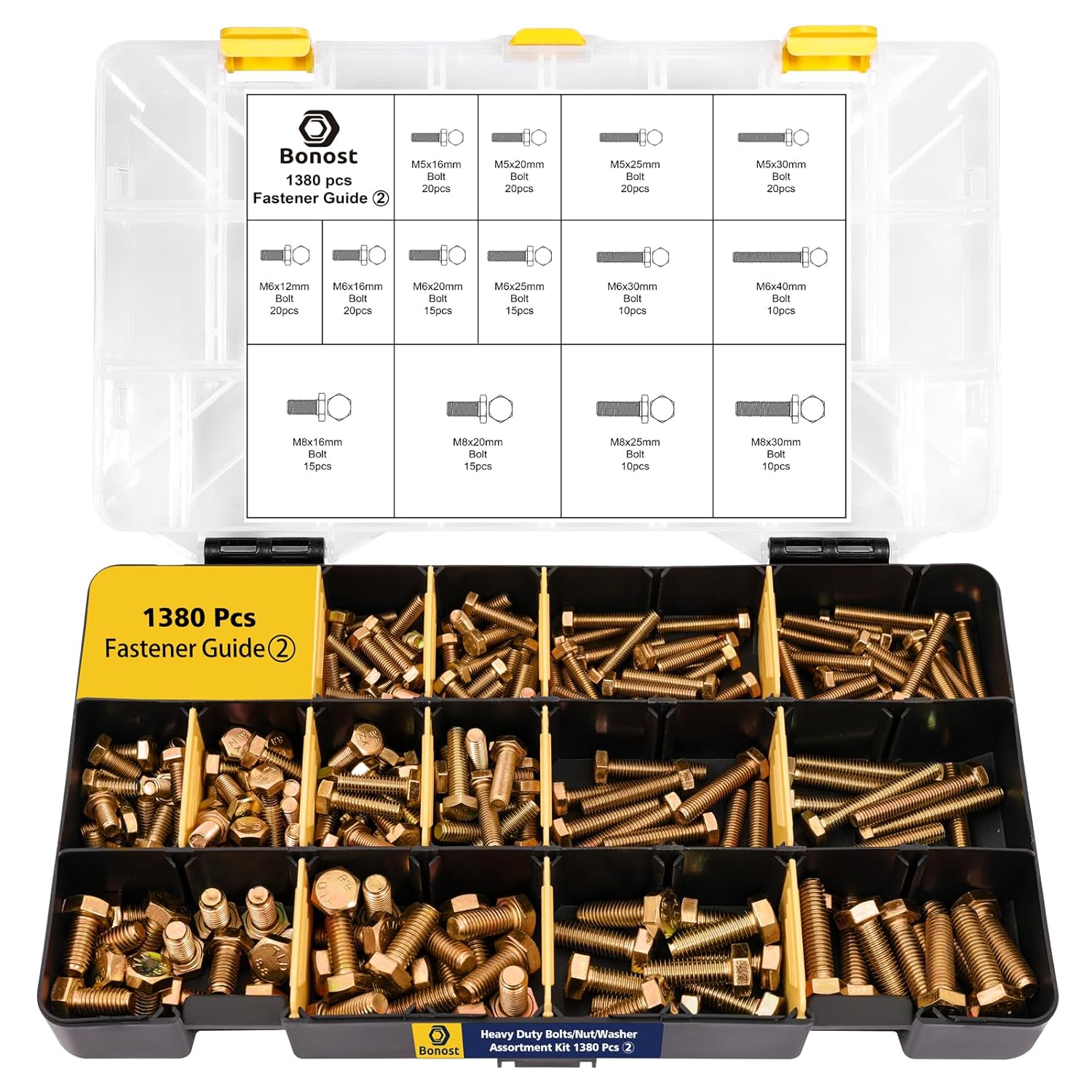 Bonost 1380pcs Nuts and Bolts Assortment Kit - Heavy Duty Grade 8.8 Metric M4 M5 M6 M8 Bolt Set with Assorted Nuts and Washers, Yellow Zinc Plated, Length from 12-30mm