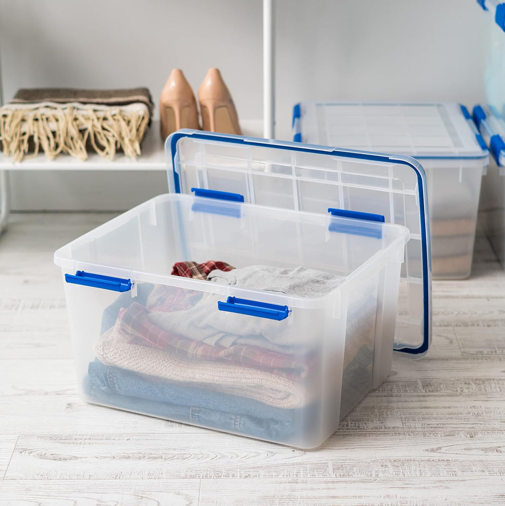 IRIS USA WeatherPro 44 Qt Storage Bins with Lids, 2 Pack, BPA-Free Plastic Gasket Box with Tight Latch and Seal, Stackable Nestable Tote Tub - Clear/Blue