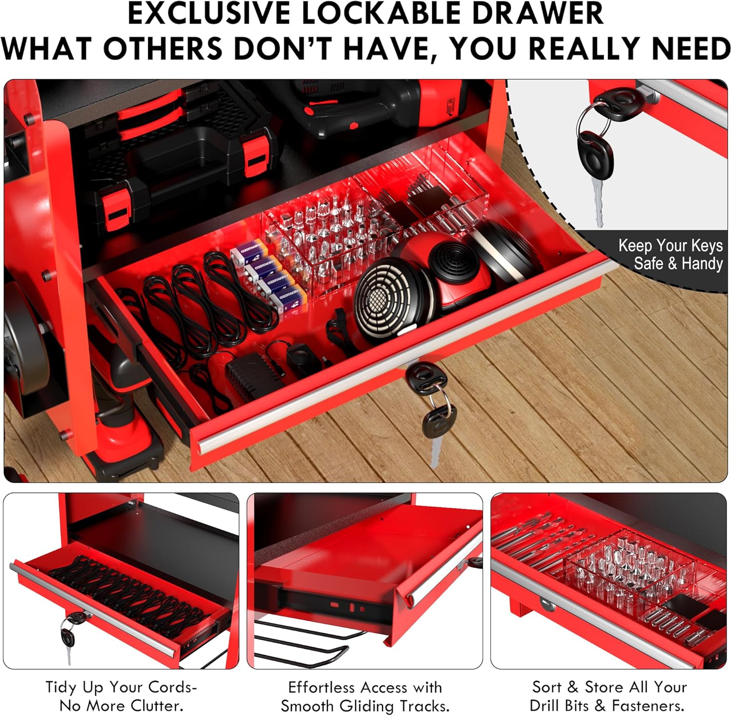 KSVO Power Tool Organizer Wall Mount with Drill Rack & Locking Drawers - Heavy Duty Metal Tool Shelf for Garage, Workshop, Shed, Basement Tool Organization - Gift for Men/Father (Red)