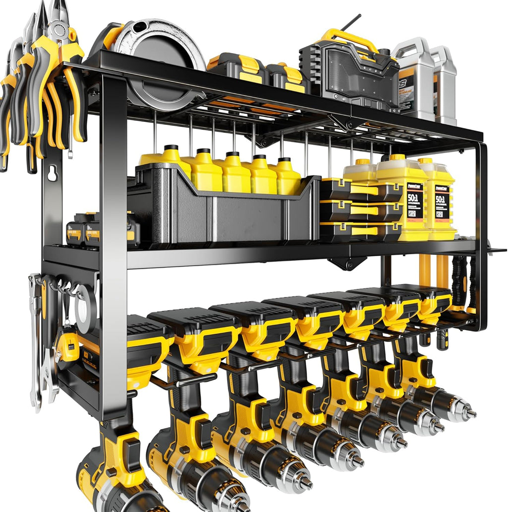 Wall-Mount Tool Storage Rack with 7 Drill Holders, Heavy-Duty Organizer for Dad & Men Gifts