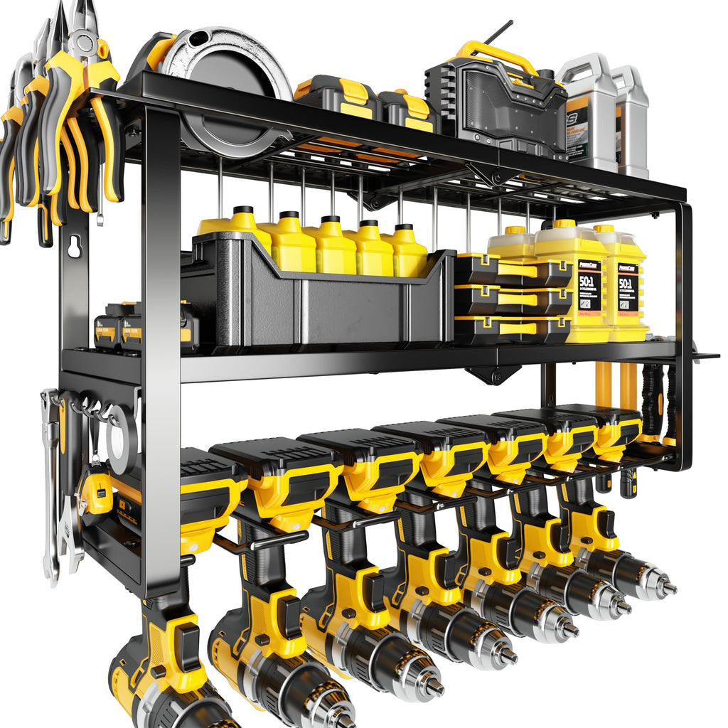 Wall-Mount Tool Storage Rack with 7 Drill Holders, Heavy-Duty Organizer for Dad & Men Gifts