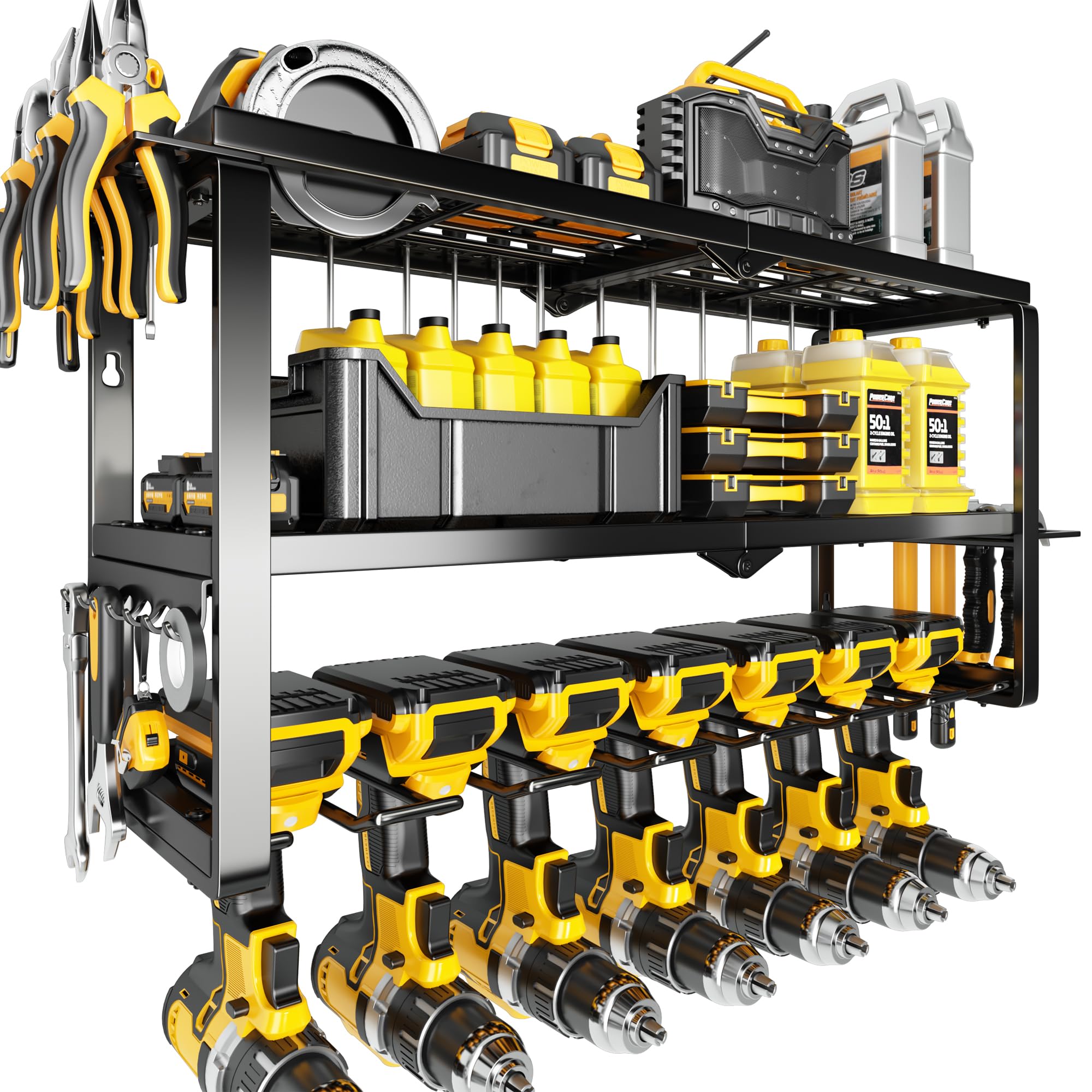 Hipidian Power Tool Organizer Wall Mount - Storage Rack with 4 Drill Holders for Drills Cordless Tools. Heavy Duty Iron Garage Tool Organizer Storage for Workshop Shed (4 Slots 3 Layers)