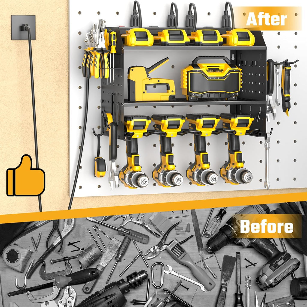 ZESEN Power Tool Organizer Wall Mount, 3 Layer Charging Station with 6 Outlets, 4 Drill Holders and Drill Bit Rack, Tool Holder Storage Shelf Rack for Garage, Workbench and Workshop, Black