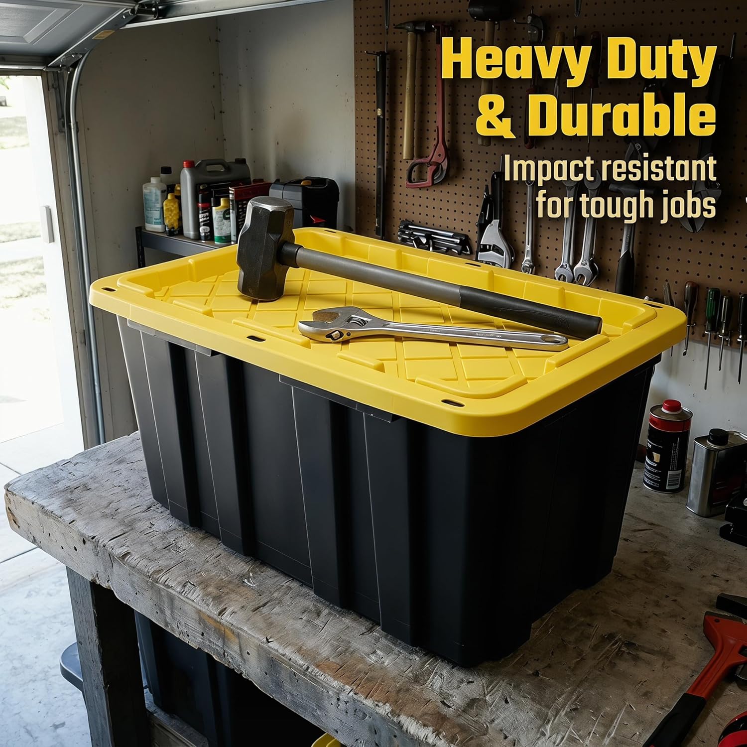 40 Gallon Tote 2 Pack, Heavy Duty Stackable Plastic Storage Bins with Lids, Black & Yellow Industrial Tough Containers for Garage, Moving, Truck Transport, Job Site Organization