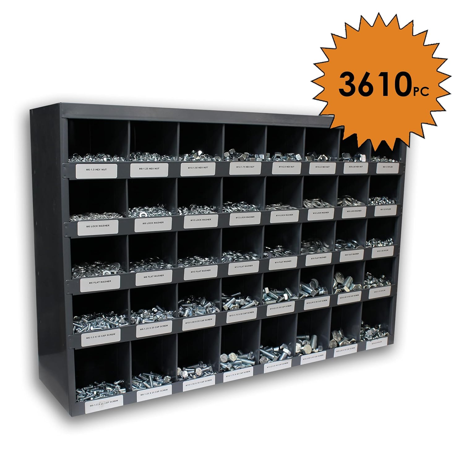 Titan Industrial Supply- 3,610 pcs Metric 8.8 Coarse Hardware Assortment Kit with Hex Cap Screws, Hex Nuts, Nylon Locknuts, Washers, & Durham 40 Hole Metal Bin