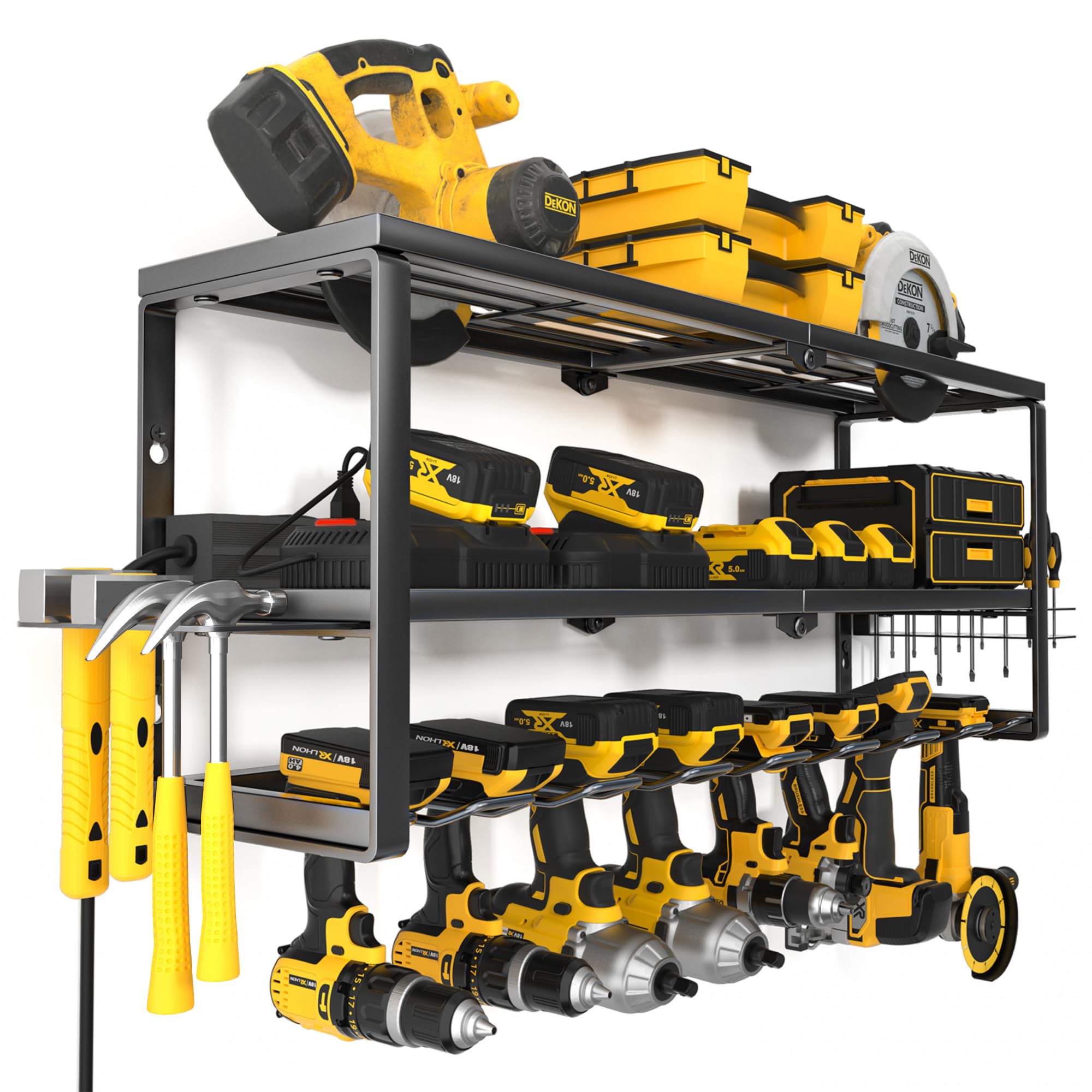 YYR Heavy Duty Power Tool Organizer Wall Mount, Cordless Drill Hanger Storage Rack, Battery Tools Holder with Charging Station Shelf for Garage Organization, Workshop, Pegboard, Shed - 32 Inch 8 Slots