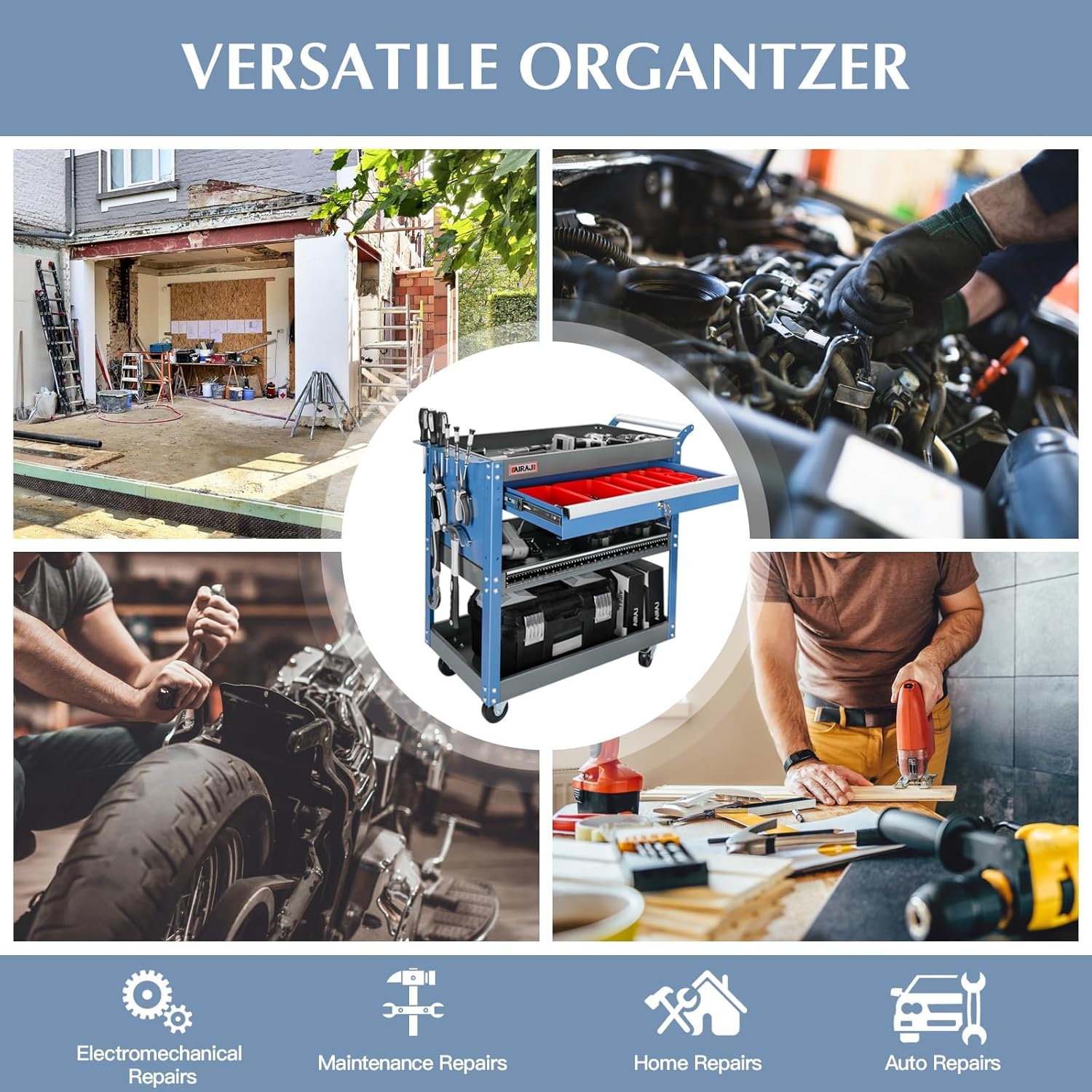 Tool Cart,440LBS Service Cart,4-Tier Tool Cart on Drawers,Hooks,Parts Box and Locking System for Warehouse,Garage,Workshop