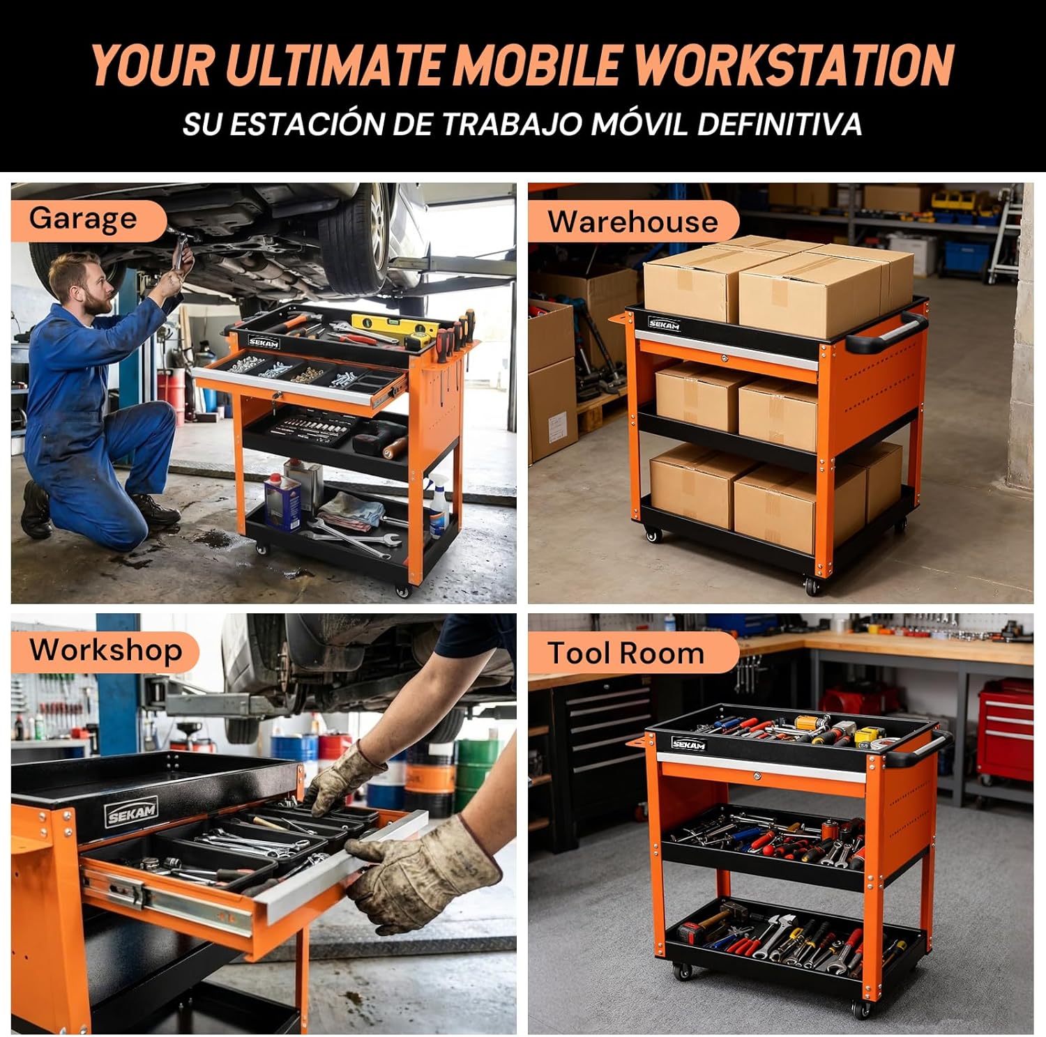 SEKAM 3-Tier Rolling Tool Cart: Heavy Duty Mechanic Service Cart with Drawer for Garage & Warehouse – Metal Utility Trolley Organizer with Locking Wheels & Screwdriver Holder (440LBS Capacity)