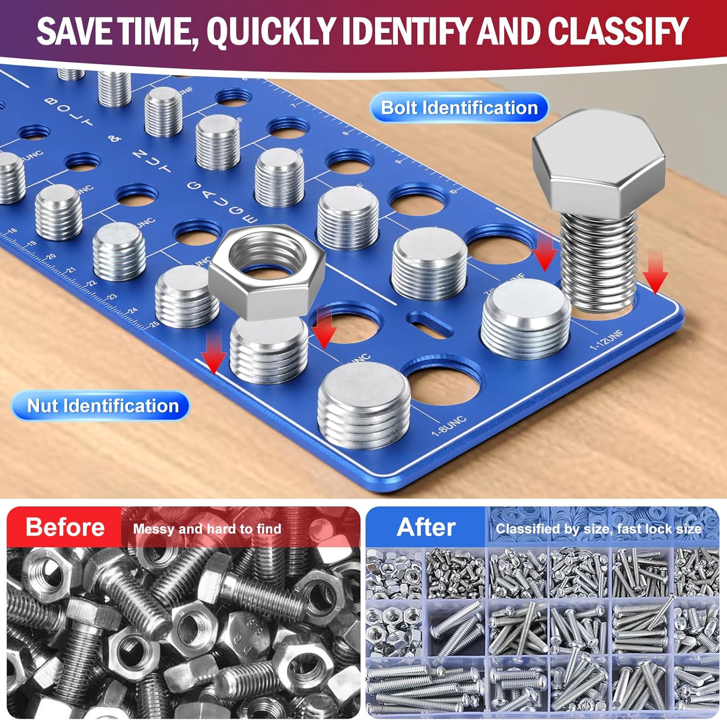 76Pcs Thread Checker, Upgrade Nut and Bolt Thread Checker 34 Standard and 26 Metric and 16 Screw Size Check Gauge, Suitable for Screw Nut Bolt Size Finder Classification