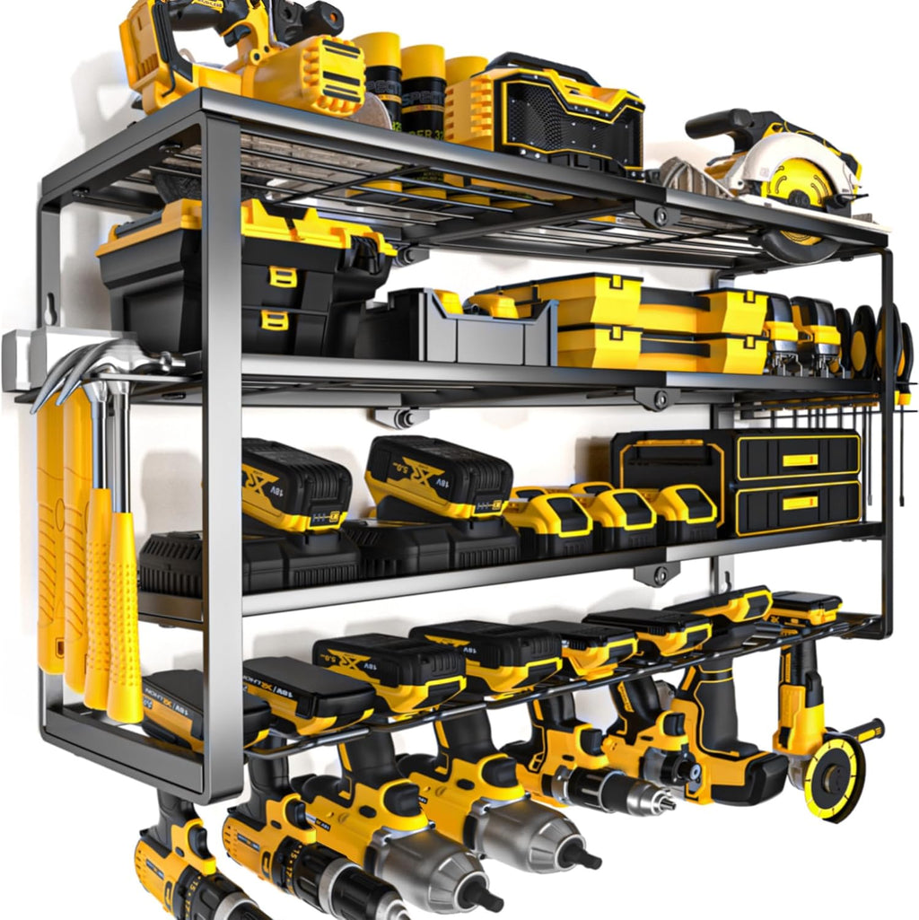 YYR 4 Layer Power Tool Organizer Wall Mount, Cordless Drill Hanger Storage Rack, Battery Tools Holder with Charging Station Shelf for Garage Organization, Workshop, Pegboard, Shed - 32 Inch 8 Slots