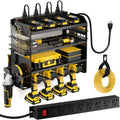 POKIPO Large Power Tool Organizer Wall Mount with Charging Station,4 Layer Heavy Duty Metal Tool Storage Shelf Loads 600lbs,Battery Utility Rack With 4 Outlet Power Strip with 8 Cordless Drill Holder