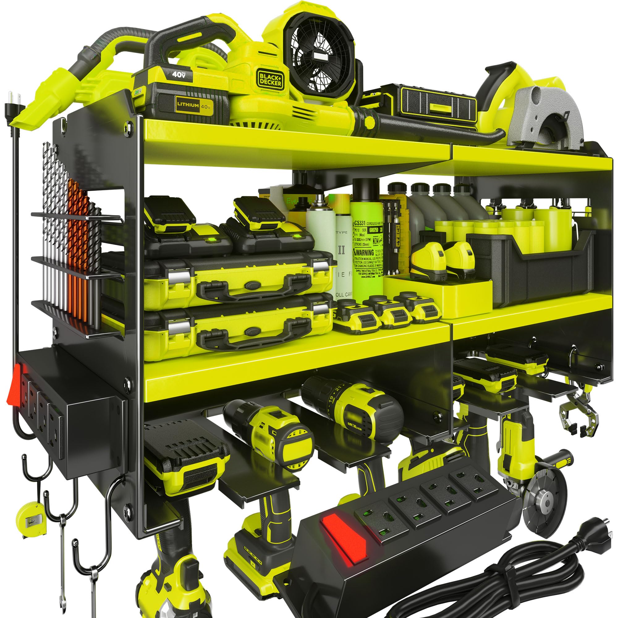 Spampur Fathers Day Gift,Power Tool Organizer Wall Mount with Charging Station, 3 Layer Heavy Duty Metal Tool Storage Rack Loads 420lbs with 6 Cordless Drill Holder, Garage Workshop