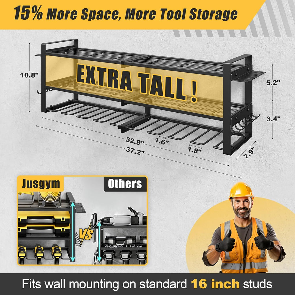 Jusgym Power Tool Organizer Wall Mount |350lbs Garage Tool Storage Rack with 6 Cordless Drill Holder |3-Tier 32''W Heavy Duty Garage Organization |Fathers Day Dad Gifts for Men