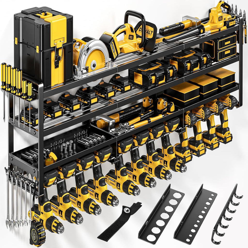 POKIPO 49" W Large Power Tool Organizer Wall Mount, 4 Layer Heavy Duty Loads 800 lbs, Tool Storage Rack Holds 12 Cordless Drills, Large Capacity Battery Holder for Garage, Gift for Men