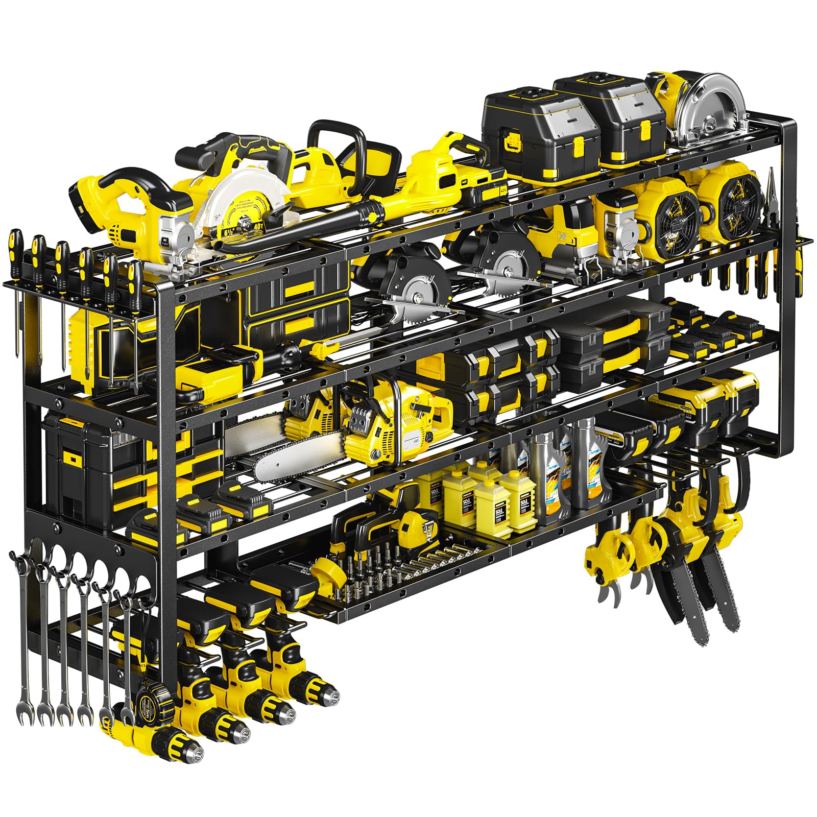 POKIPO 49" W Large Power Tool Organizer Wall Mount, 4 Layer Heavy Duty Loads 800 lbs, Tool Storage Rack Holds 12 Cordless Drills, Large Capacity Battery Holder for Garage, Gift for Men