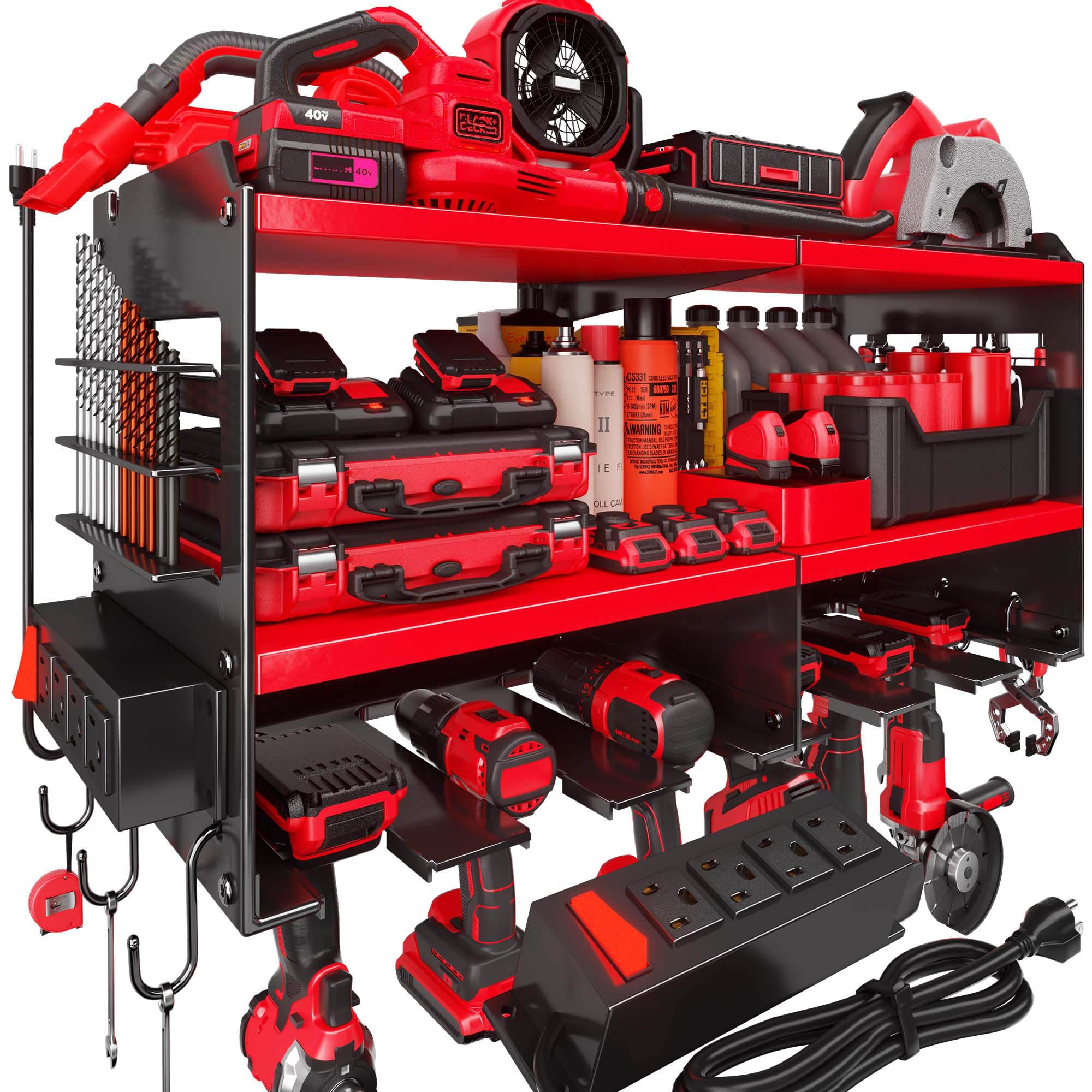 Spampur Fathers Day Gift,Power Tool Organizer Wall Mount with Charging Station, 3 Layer Heavy Duty Metal Tool Storage Rack Loads 420lbs with 6 Cordless Drill Holder, Garage Workshop