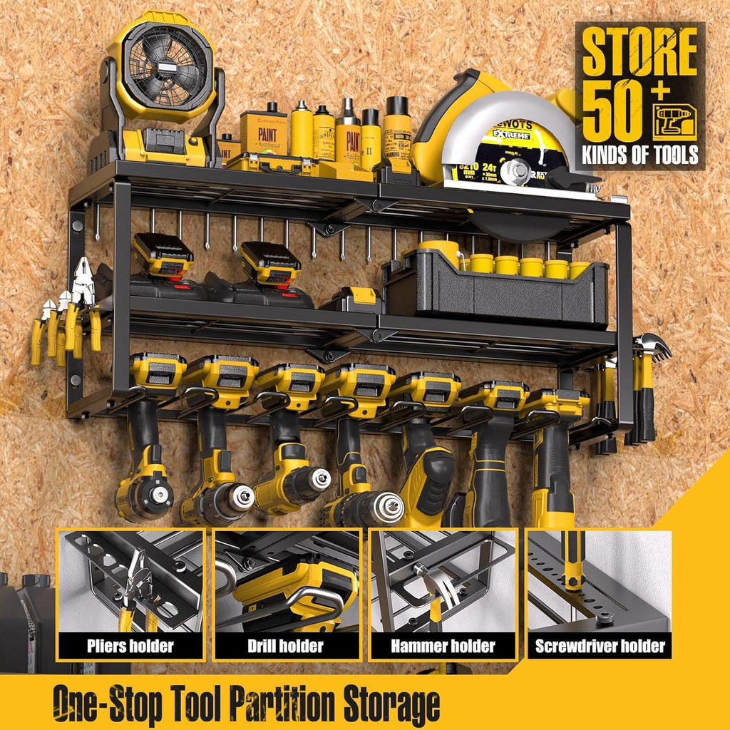 Spampur Power Tool Organizer for Tool Storage, Drill Holder Wall Mount with Screwdriver Organizer, Tool Holder for Garage Wall Organization, Heavy Duty Metal Tool Shelf with Battery Holder