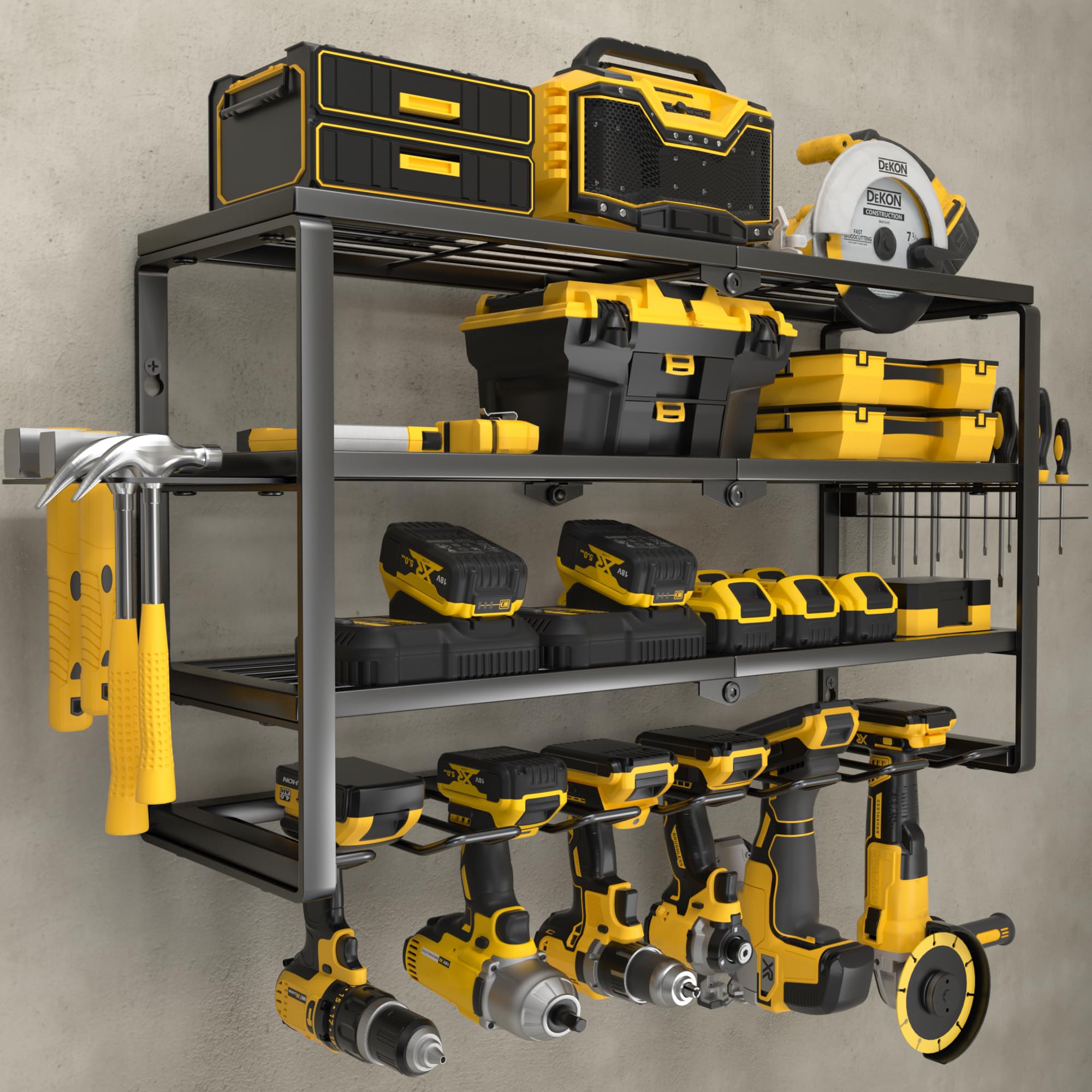 YYR 4 Layer Power Tool Organizer Wall Mount, Cordless Drill Hanger Storage Rack, Battery Tools Holder with Charging Station Shelf for Garage Organization, Workshop, Pegboard, Shed - 32 Inch 8 Slots