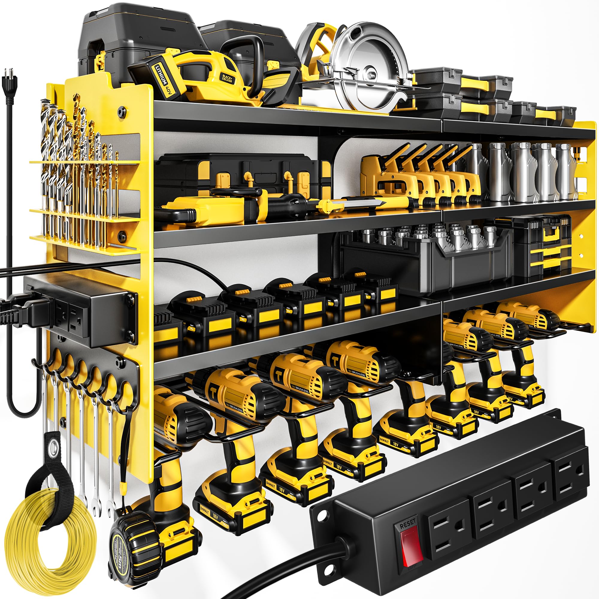 POKIPO Large Power Tool Organizer Wall Mount with Charging Station,4 Layer Heavy Duty Metal Tool Storage Shelf Loads 600lbs,Battery Utility Rack With 4 Outlet Power Strip with 8 Cordless Drill Holder