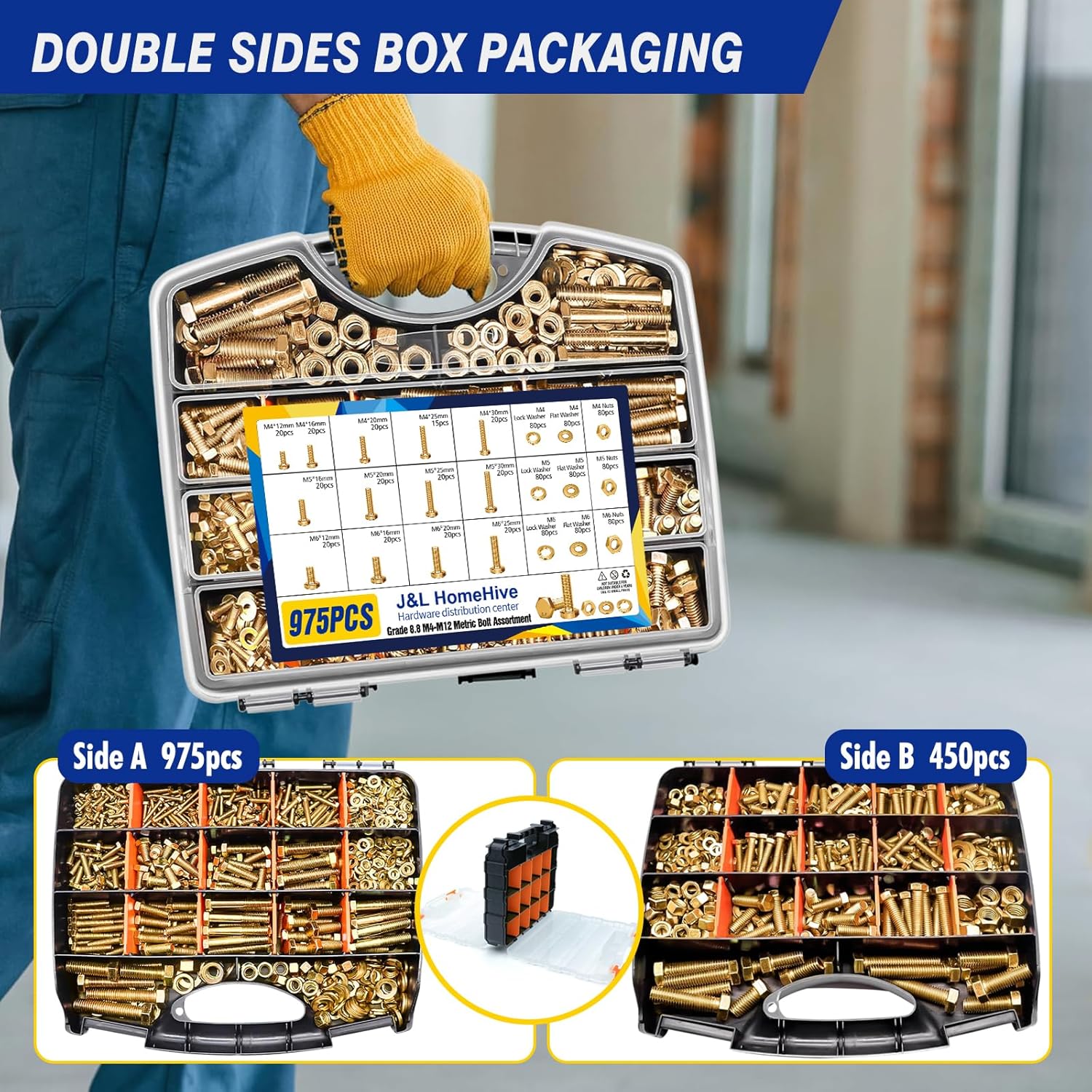 1425pcs Heavy Duty Metric Bolt and Nut Assortment Kit - Grade 8.8 Zinc Plated M4 M5 M6 M8 M10 M12 Bolts, Nuts Washers Kit for DIY, Machinery, Shelving Repair - Metric Bolt Assortment with Storage Case