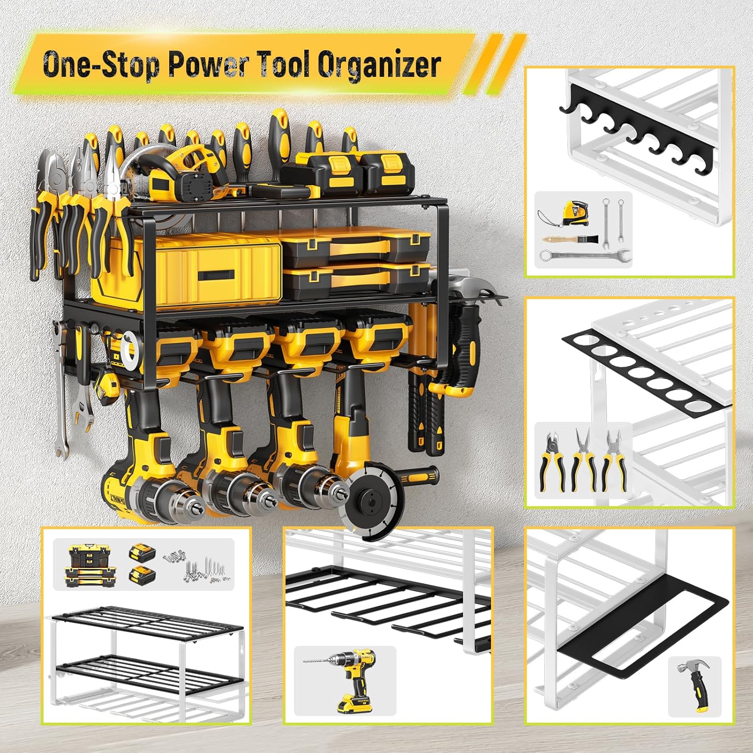 Hipidian Power Tool Organizer Wall Mount - Storage Rack with 4 Drill Holders for Drills Cordless Tools. Heavy Duty Iron Garage Tool Organizer Storage for Workshop Shed (4 Slots 3 Layers)