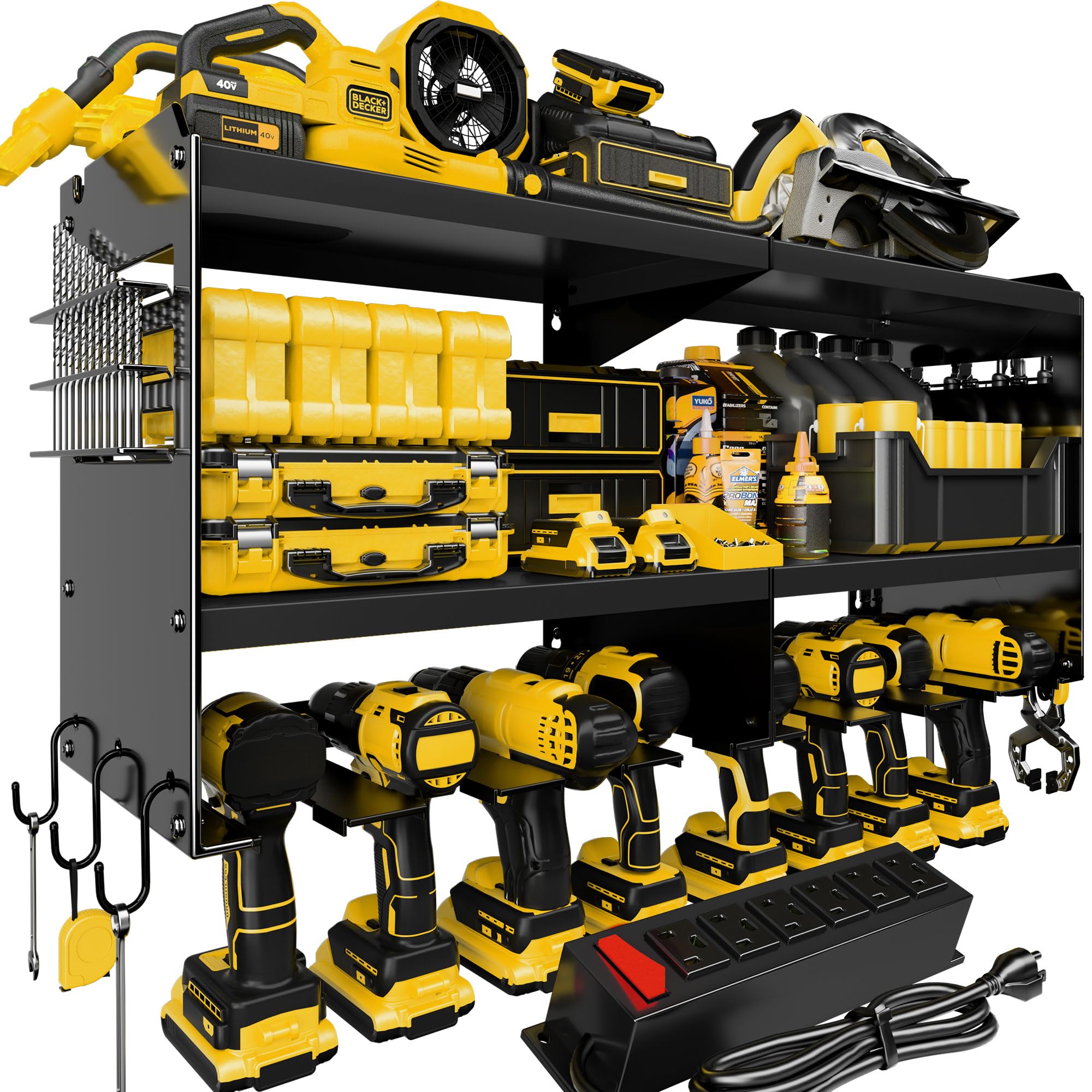 Spampur Fathers Day Gift,Power Tool Organizer Wall Mount with Charging Station, 3 Layer Heavy Duty Metal Tool Storage Rack Loads 420lbs with 6 Cordless Drill Holder, Garage Workshop