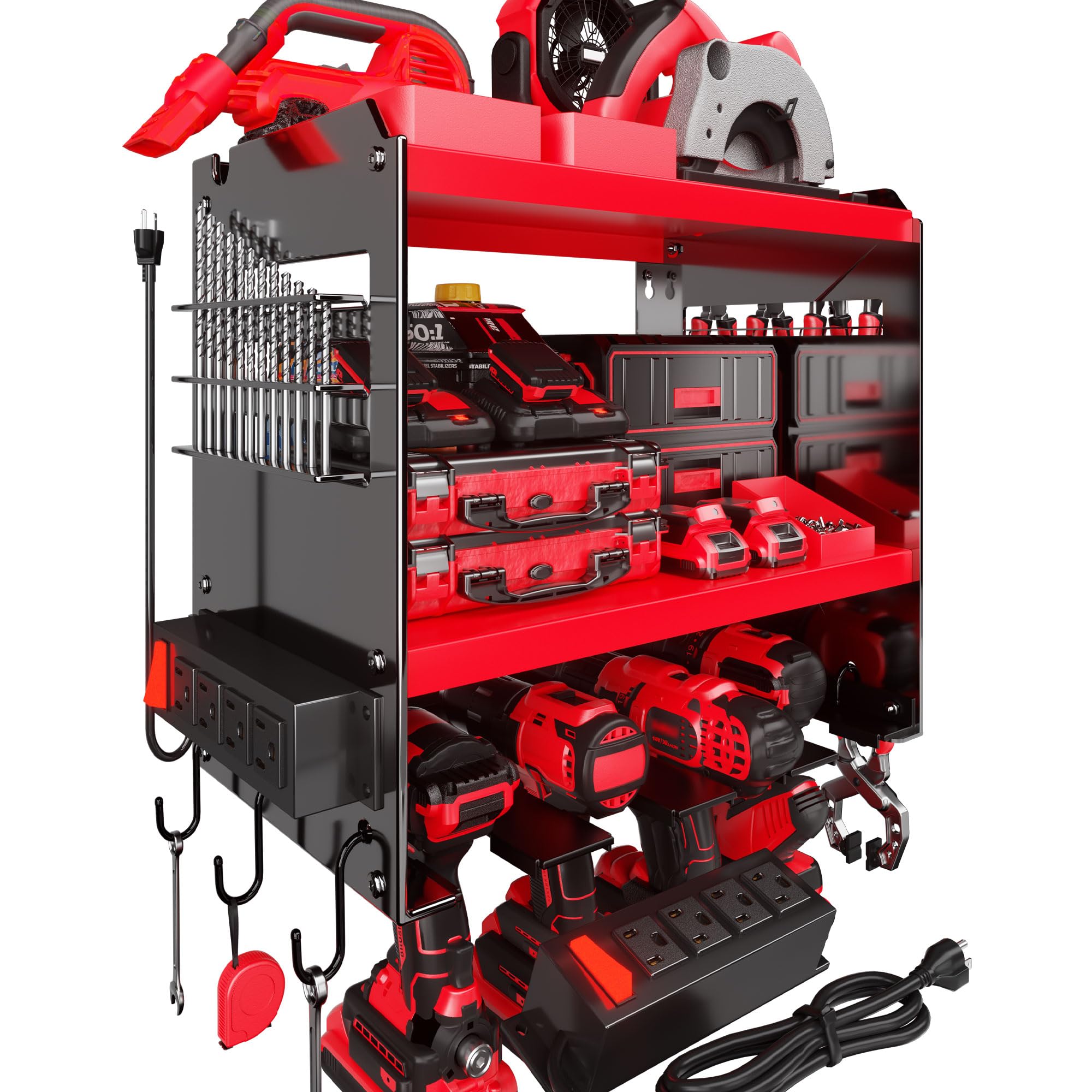 Spampur Fathers Day Gift,Power Tool Organizer Wall Mount with Charging Station, 3 Layer Heavy Duty Metal Tool Storage Rack Loads 420lbs with 6 Cordless Drill Holder, Garage Workshop