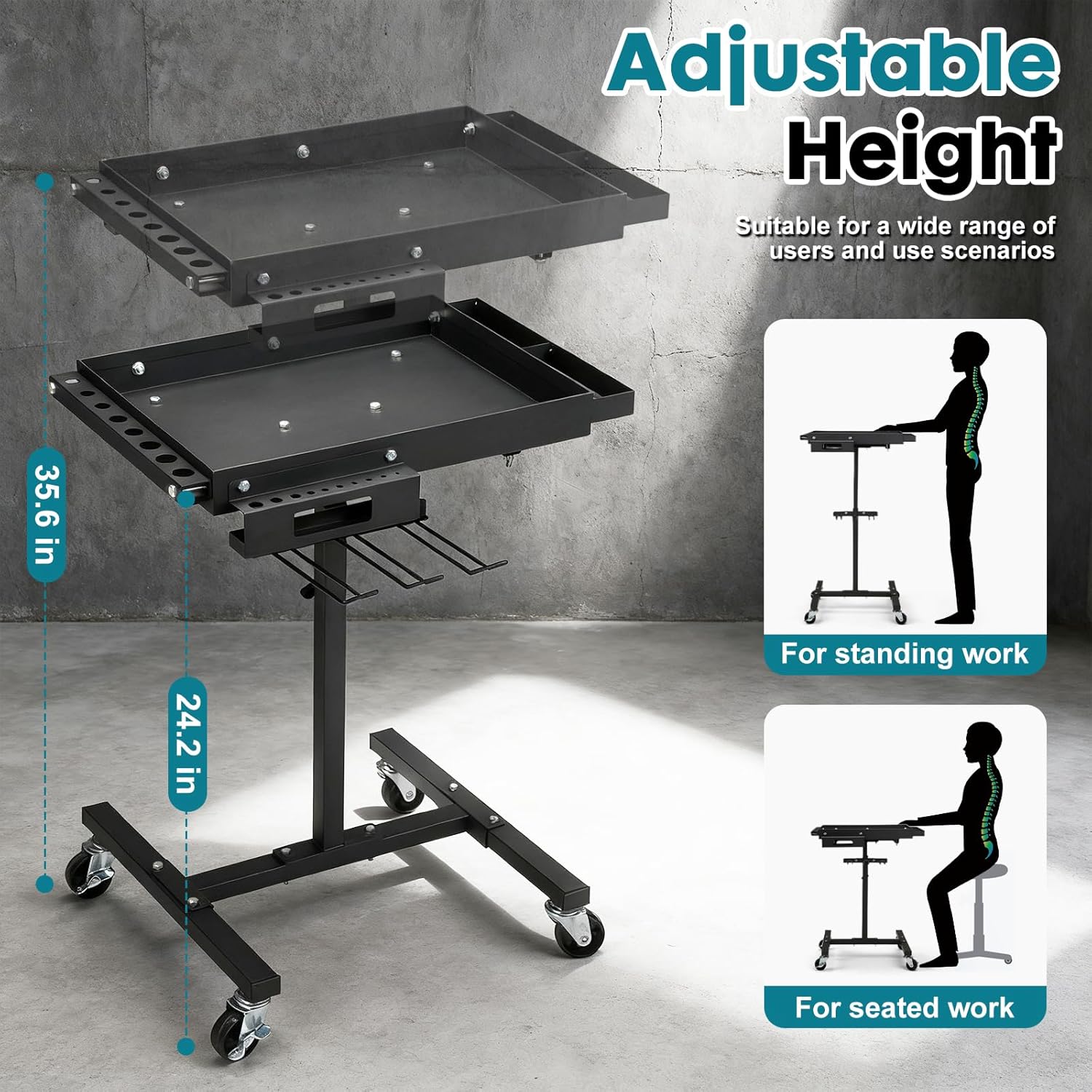 OLBRUS Rolling Work Table Adjustable Height - Rolling Tool Cart with Drills Storage, Portable Mechanic Cart Tool Storage Organizer on Wheels for Garage Bike Work Shop