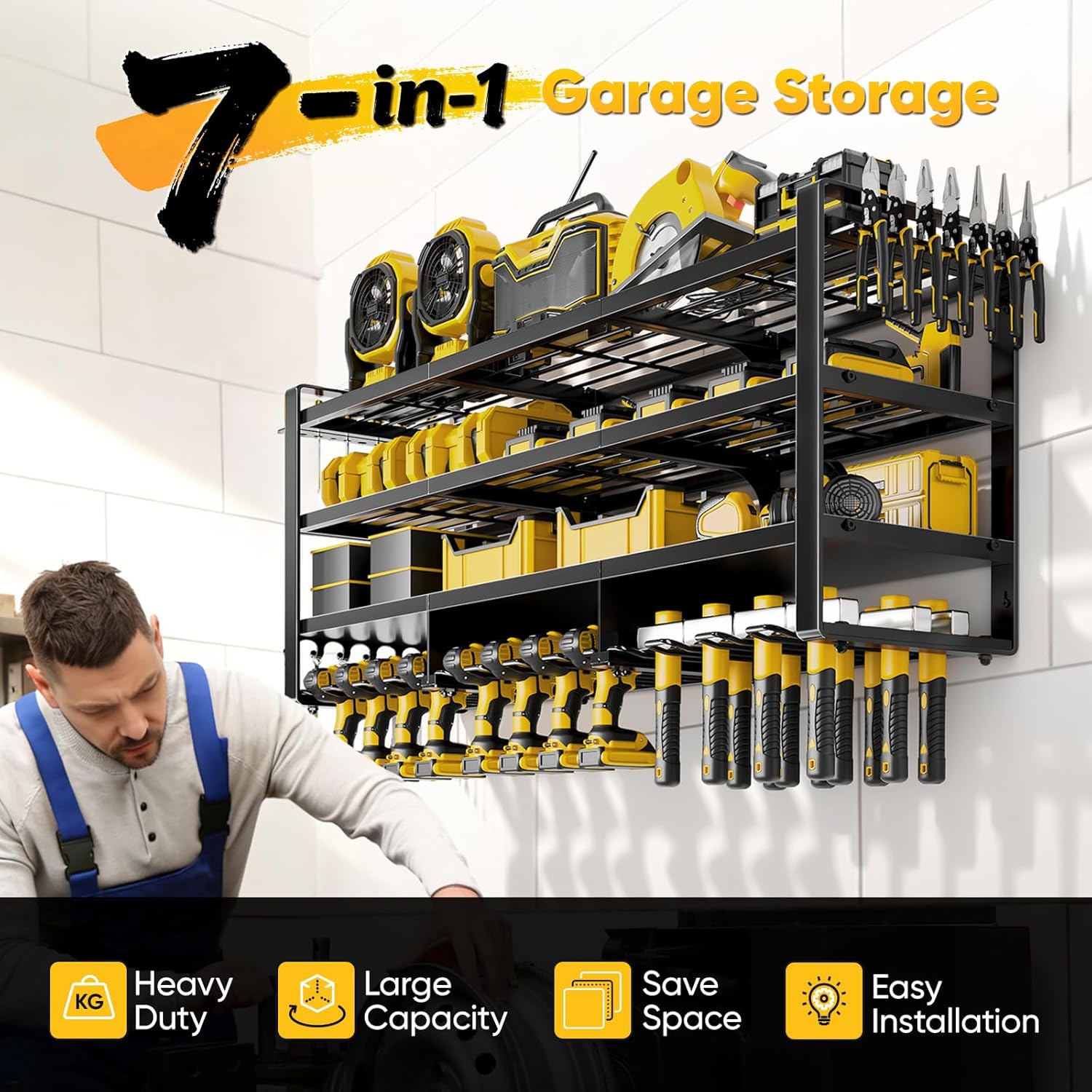 POKIPO 49" W Large Power Tool Organizer Wall Mount, 4 Layer Heavy Duty Loads 800 lbs, Tool Storage Rack Holds 12 Cordless Drills, Large Capacity Battery Holder for Garage, Gift for Men