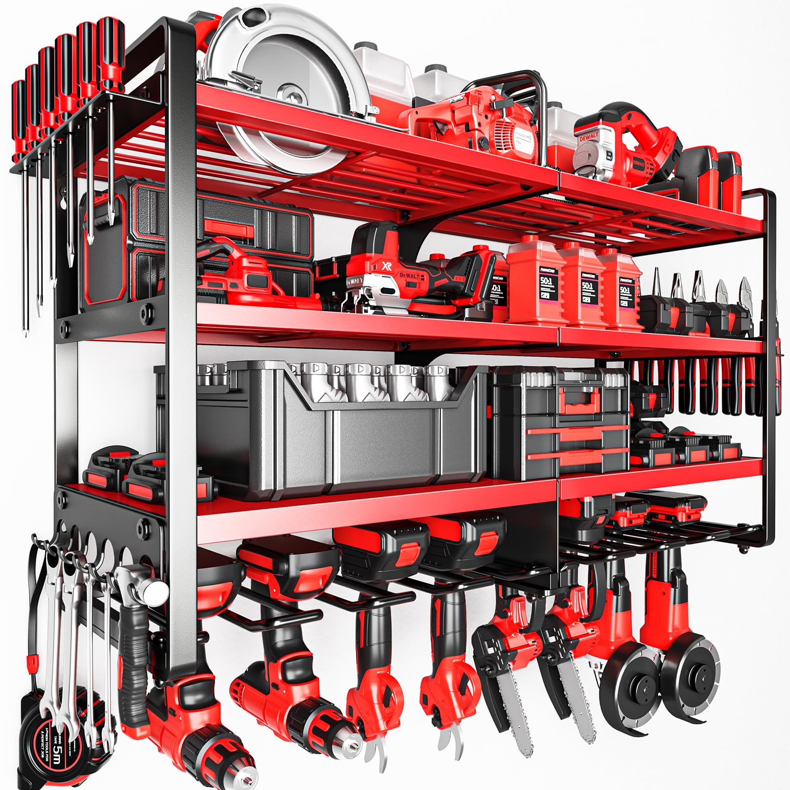 POKIPO Large Power Tool Organizer Wall Mount,4 Layers Heavy Duty Metal Loads 400lbs,Power Tool Shelf Battery Storage with 8 Cordless Drill Holder,Utility Racks for Garage Workshop