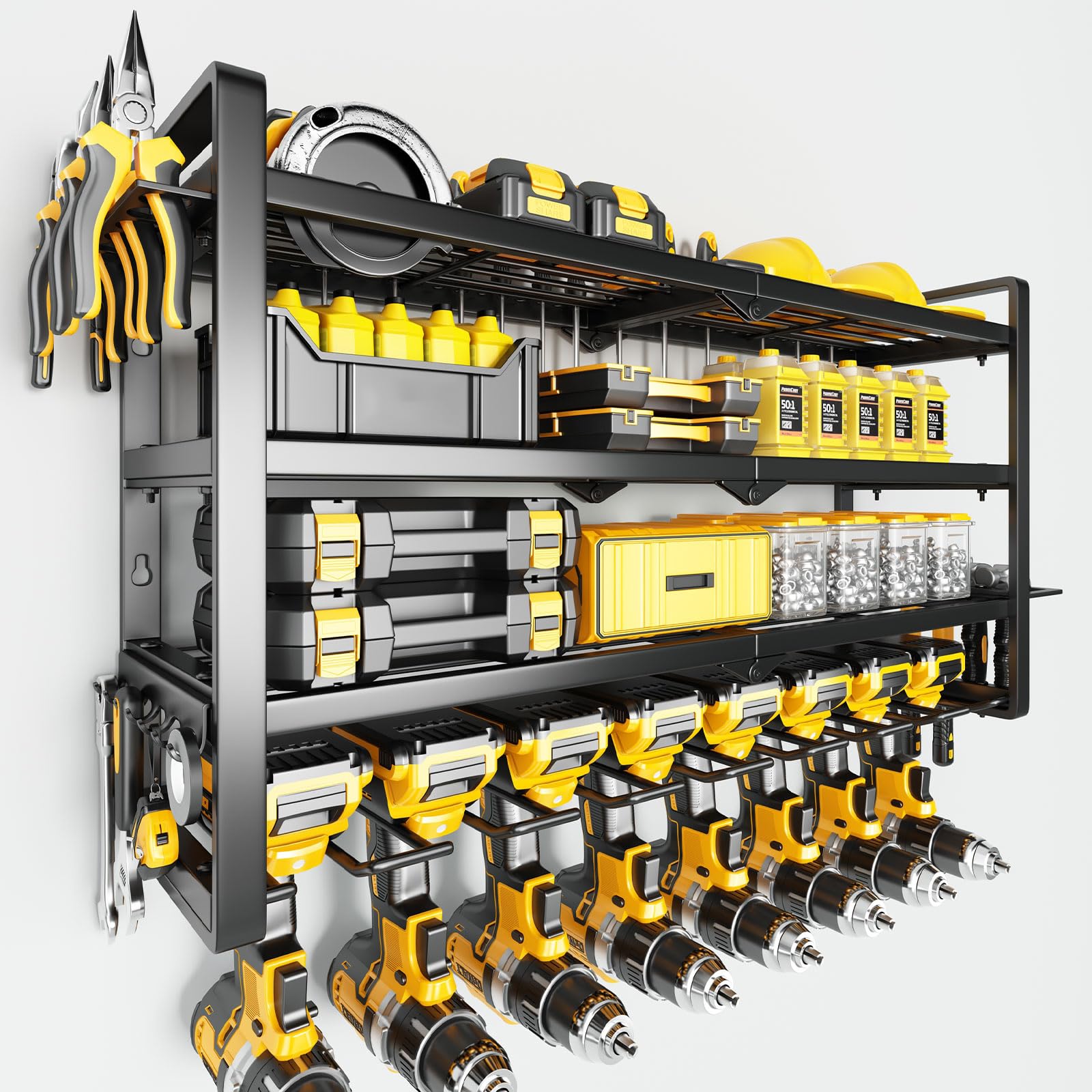 Wall-Mount Tool Storage Rack with 7 Drill Holders, Heavy-Duty Organizer for Dad & Men Gifts