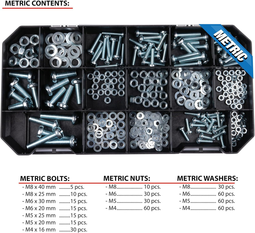 Performance Tool W5263 1080pc Hardware Assortment Kit with SEA & Metric Nuts, Bolts & Washers, Stacking Interlocking Clear Lid Bins for Maximum Portability