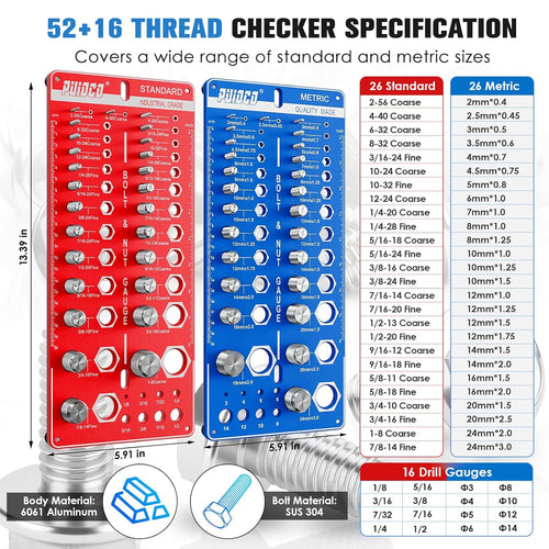 68 Nut and Bolt Thread Checker Standard and Metric, Screw Size and Thread Gauge with 26 SAE & 26 Metric & 16 Drill Bit Gauge, Bolt and Nut Identifier Gauge Bolt Size Finder for Quickly Identify