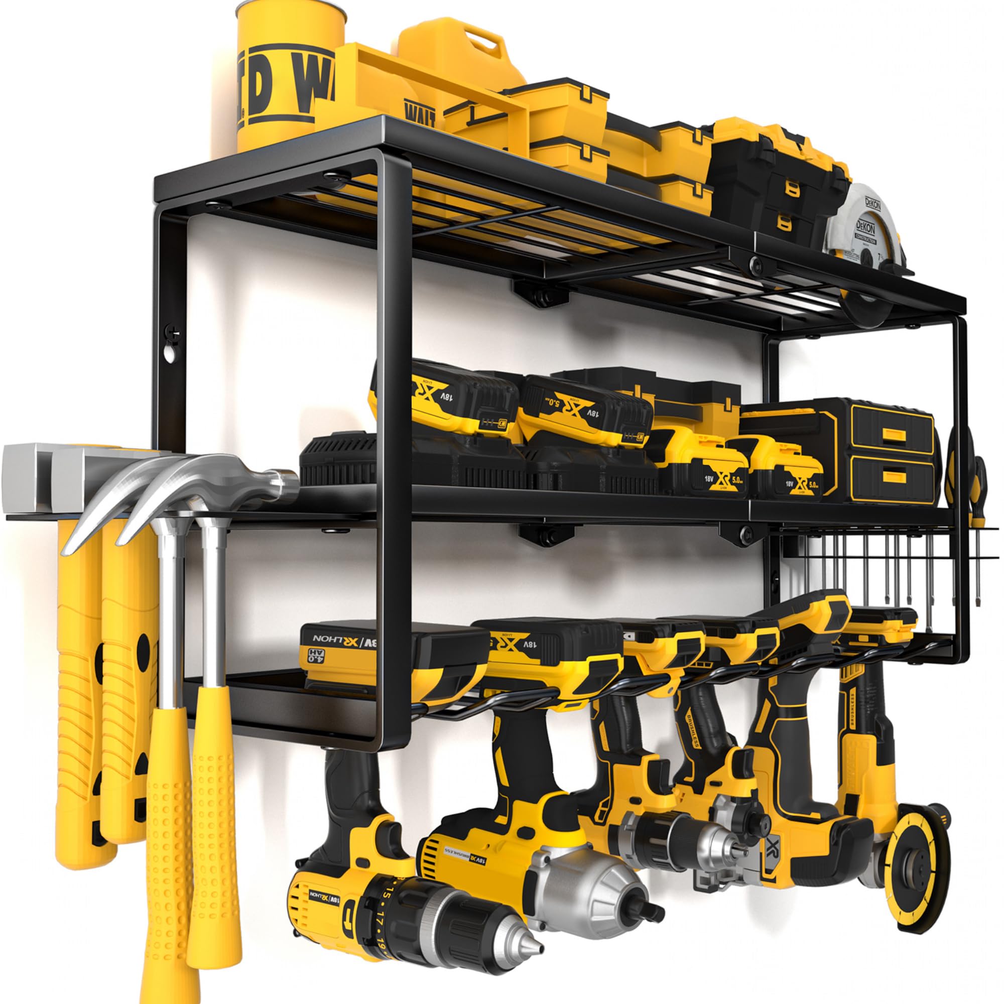 YYR Heavy Duty Power Tool Organizer Wall Mount, Cordless Drill Hanger Storage Rack, Battery Tools Holder with Charging Station Shelf for Garage Organization, Workshop, Pegboard, Shed - 32 Inch 8 Slots