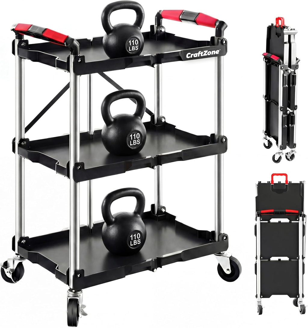 Folding Service Cart,Rolling Utility Cart,330 LBS Collapsible Service Cart,3 Shelf Heavy Duty Foldable Tool Cart
