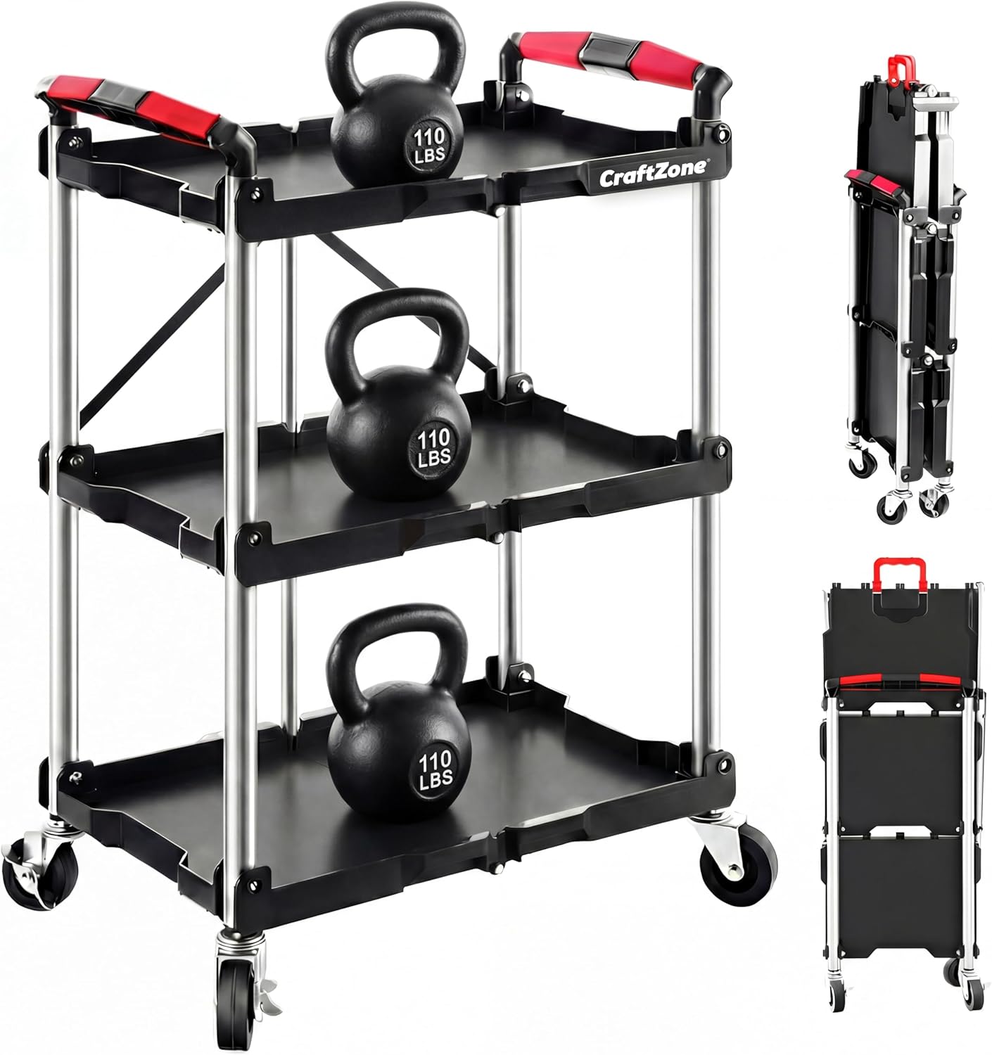 Folding Service Cart,Rolling Utility Cart,330 LBS Collapsible Service Cart,3 Shelf Heavy Duty Foldable Tool Cart