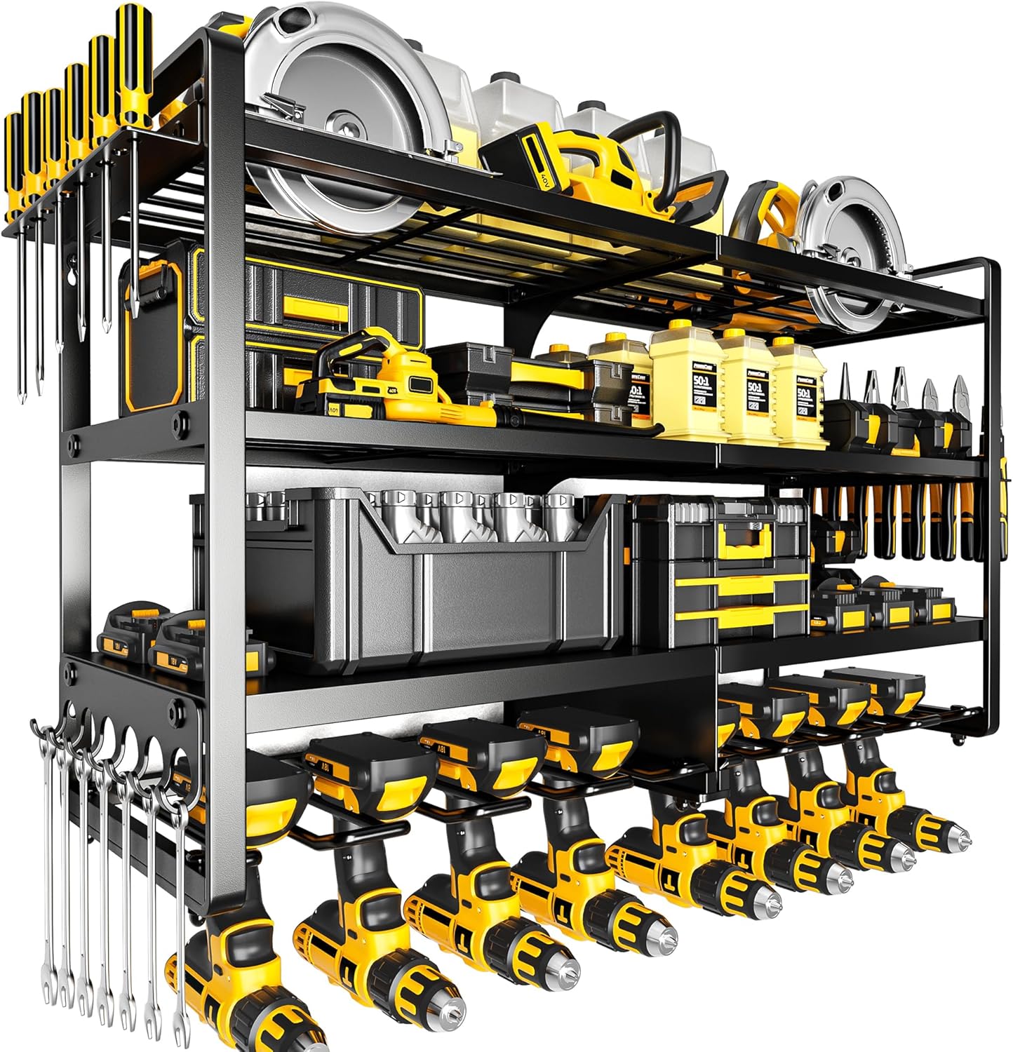 POKIPO Large Power Tool Organizer Wall Mount,4 Layers Heavy Duty Metal Loads 400lbs,Power Tool Shelf Battery Storage with 8 Cordless Drill Holder,Utility Racks for Garage Workshop