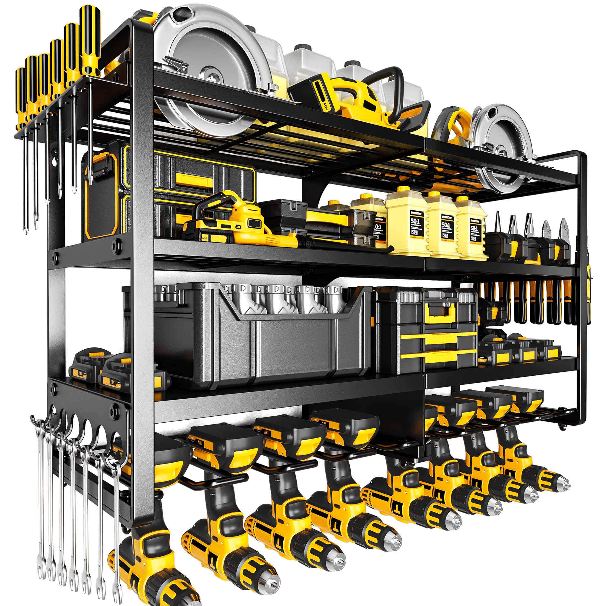 POKIPO Large Power Tool Organizer Wall Mount,4 Layers Heavy Duty Metal Loads 400lbs,Power Tool Shelf Battery Storage with 8 Cordless Drill Holder,Utility Racks for Garage Workshop