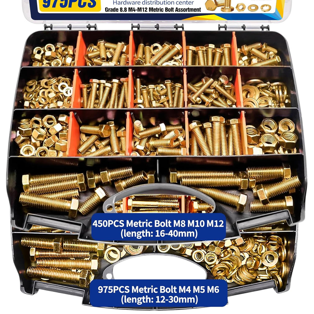 1425pcs Heavy Duty Metric Bolt and Nut Assortment Kit - Grade 8.8 Zinc Plated M4 M5 M6 M8 M10 M12 Bolts, Nuts Washers Kit for DIY, Machinery, Shelving Repair - Metric Bolt Assortment with Storage Case