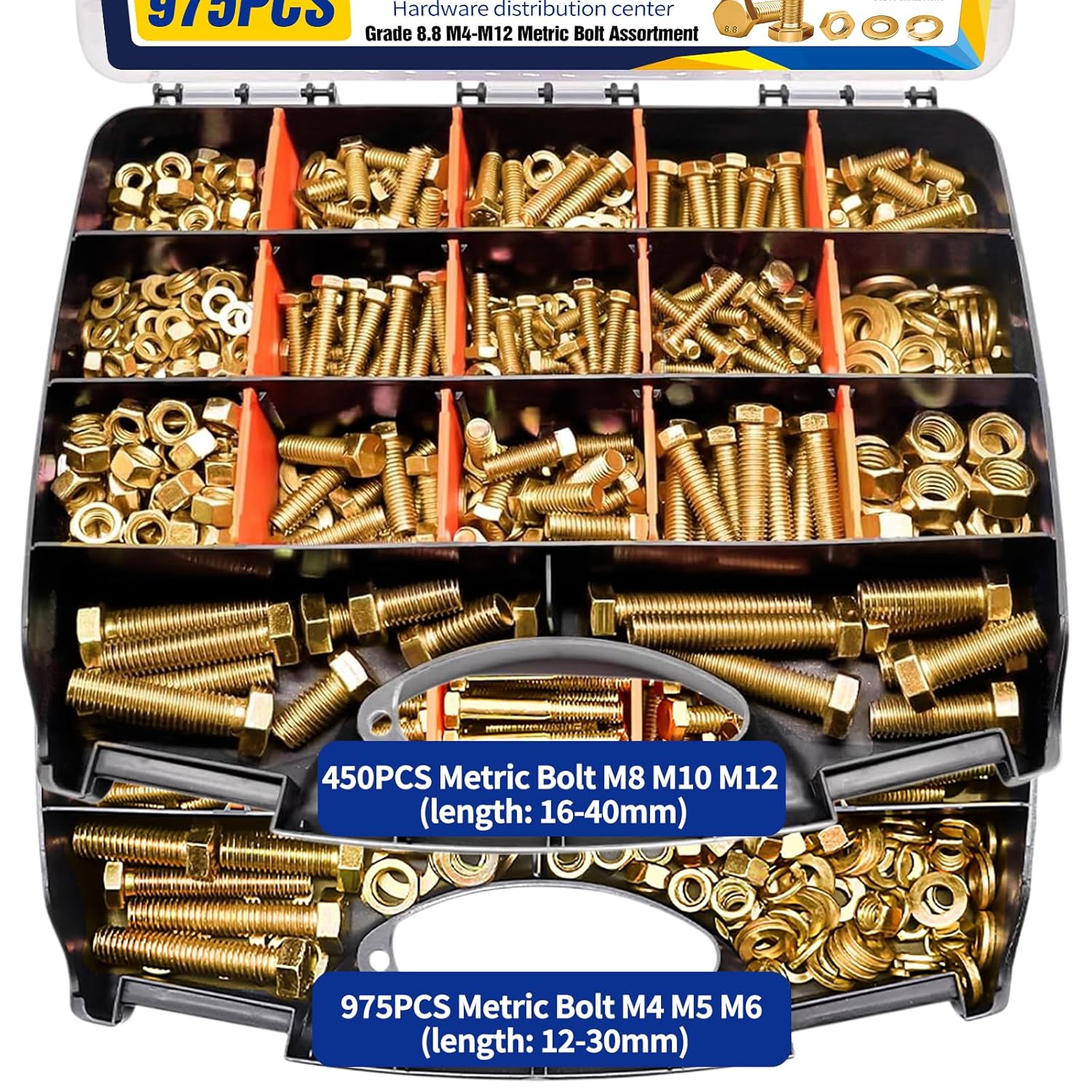 1425pcs Heavy Duty Metric Bolt and Nut Assortment Kit - Grade 8.8 Zinc Plated M4 M5 M6 M8 M10 M12 Bolts, Nuts Washers Kit for DIY, Machinery, Shelving Repair - Metric Bolt Assortment with Storage Case