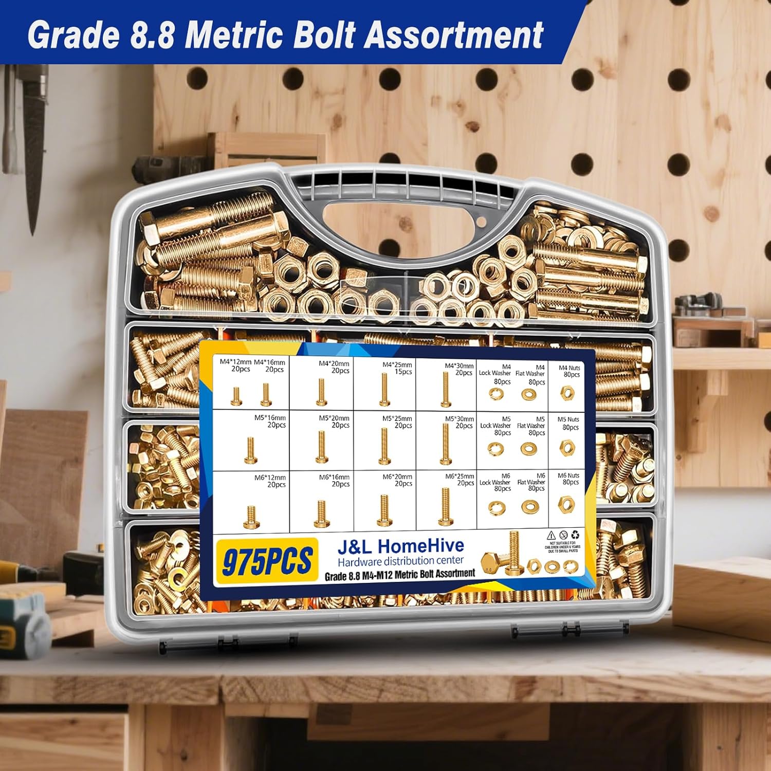 1425pcs Heavy Duty Metric Bolt and Nut Assortment Kit - Grade 8.8 Zinc Plated M4 M5 M6 M8 M10 M12 Bolts, Nuts Washers Kit for DIY, Machinery, Shelving Repair - Metric Bolt Assortment with Storage Case