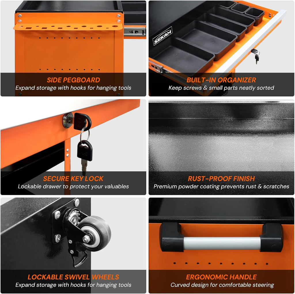 SEKAM 3-Tier Rolling Tool Cart: Heavy Duty Mechanic Service Cart with Drawer for Garage & Warehouse – Metal Utility Trolley Organizer with Locking Wheels & Screwdriver Holder (440LBS Capacity)